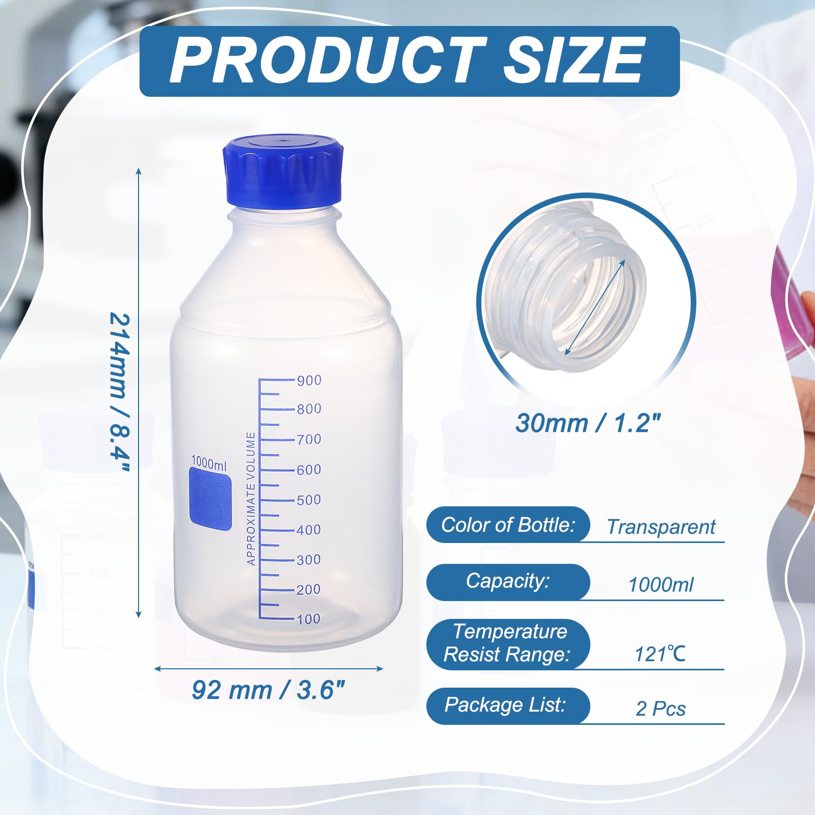 PATIKIL 1000ml Bottiglie Da Laboratorio In PP Rinforzato Con Gradazione, 2 Pezzi Bottiglie Di Plastica Con Tappo A Vite Blu Per Liquidi Reagenti Acqua Da Laboratorio, Trasparente (Rotonda)