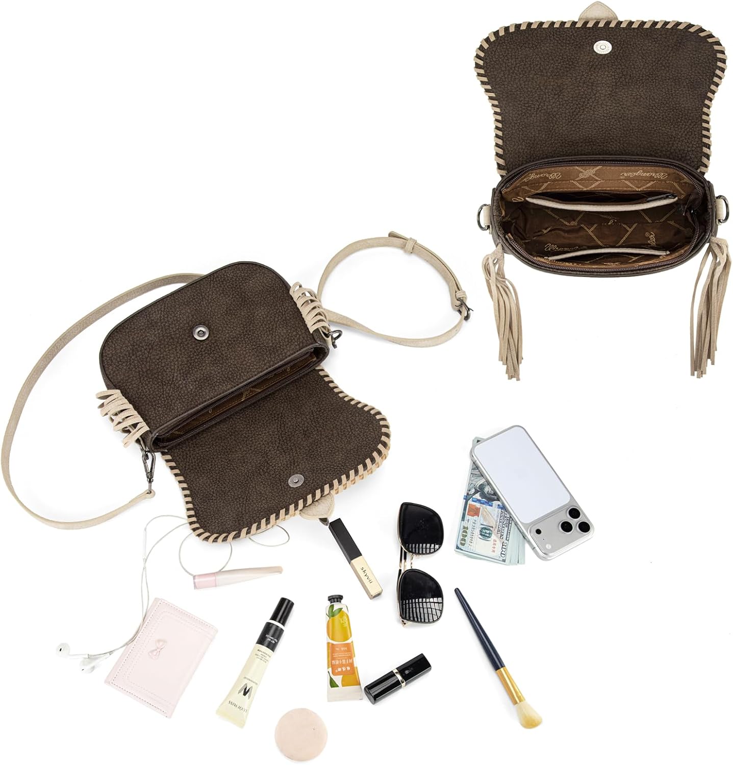 Wrangler Western Shoulder Bag for Women, Flap Crossbody Purse with Whipstitch Detail & Fringe,Vintage Cowgirl Handbag
