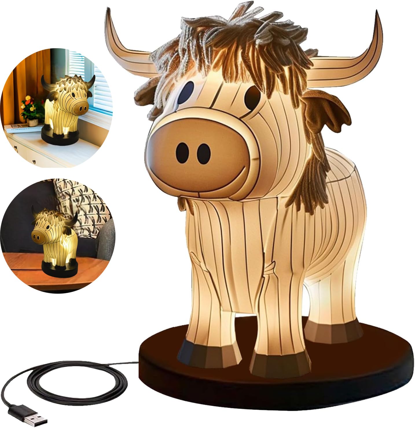 Neioaas Highland Cow Table Lamp - Small Animal Night Light With USB - Portable Painted Cow Decoration for Living Room, Bedroom - Bedside Lamp Gift for Girls Mom