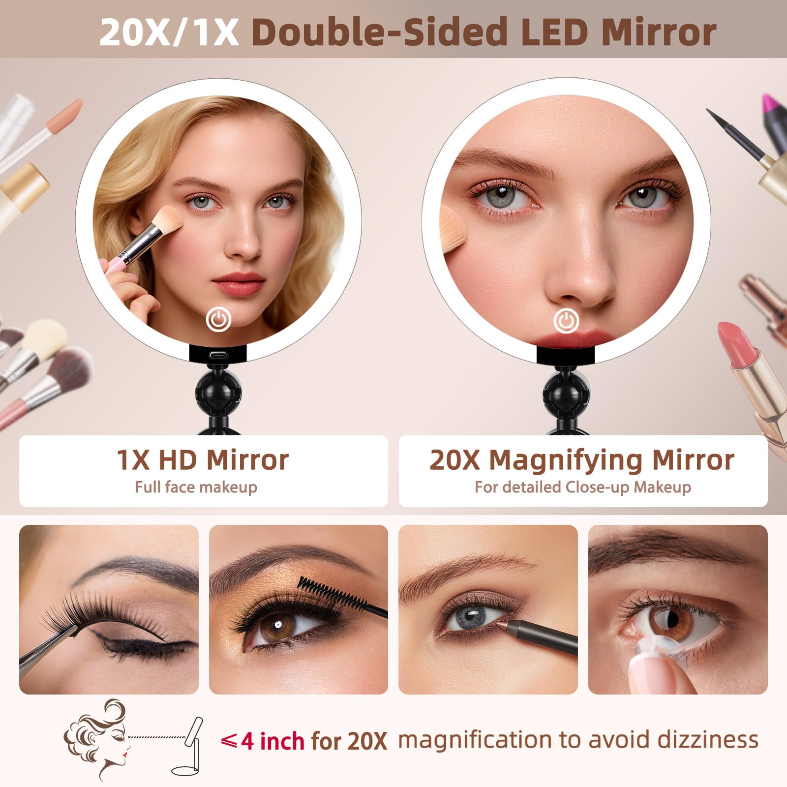 Espejo de aumento de doble cara 1X/20X con soporte plegable y bandeja, espejo de maquillaje de escritorio de 6 pulgadas con luz, aumento 20 veces más fuerte para maquillaje de primer plano, espejo de