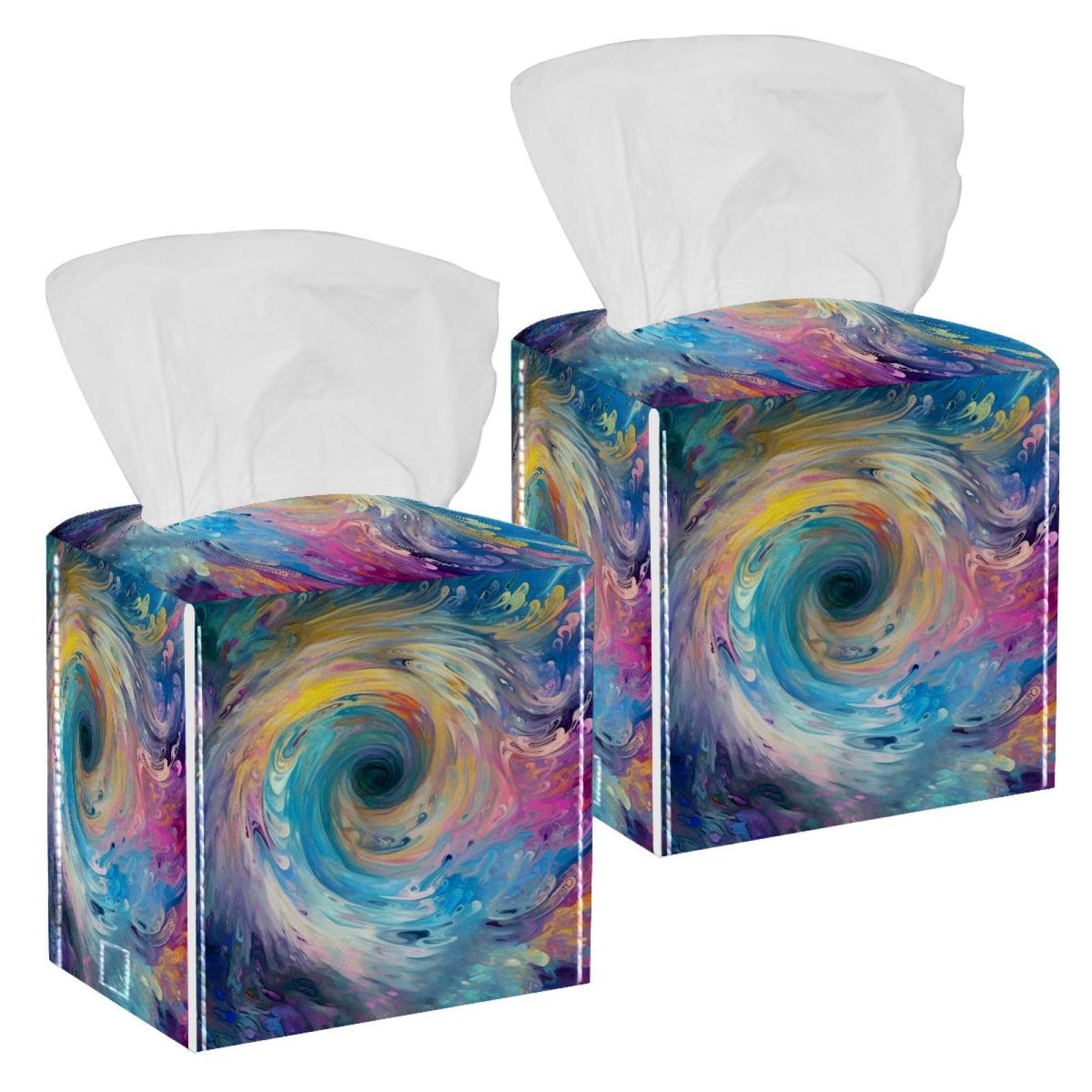 Streamer Swirls Tissue Box Cover, 2 Pack PU Leather Square Facial Tissue Dispenser Box holder for Home Office Car