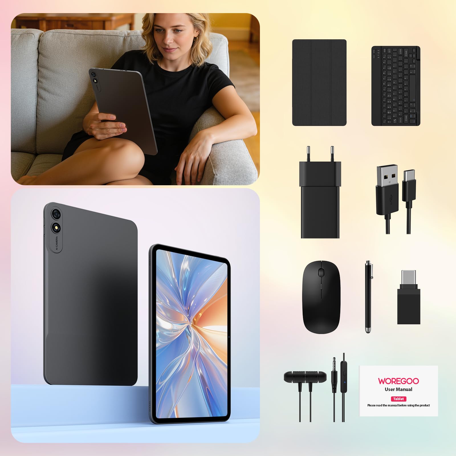 Tablette Android 16 de 14 Pouces, 4G LTE et Wi-FI 5G, Tablet Octa-Core, 36Go RAM+512Go ROM (1To TF), Affichage 2000x1200, Widevine L1/8+13 MP/11580 mAh/GMS/GPS, avec Clavier+Souris (Gris)