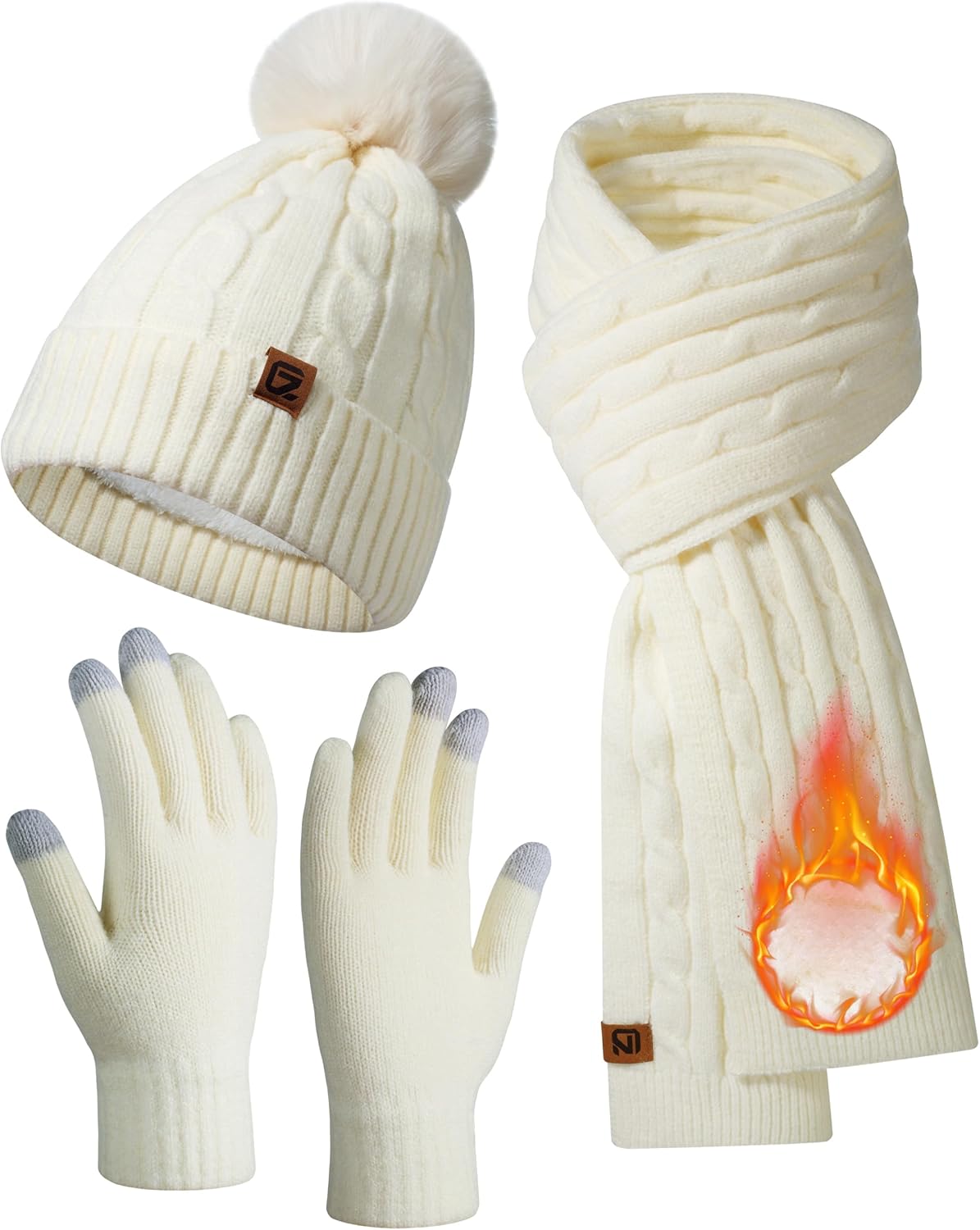 GADIEMKENSD Winter Beanie Scarf Gloves Set, Keeping Warmth, Cable Knit Design, Sensitive Touchscreen Fingertips Ivory White - Image 1 of 7