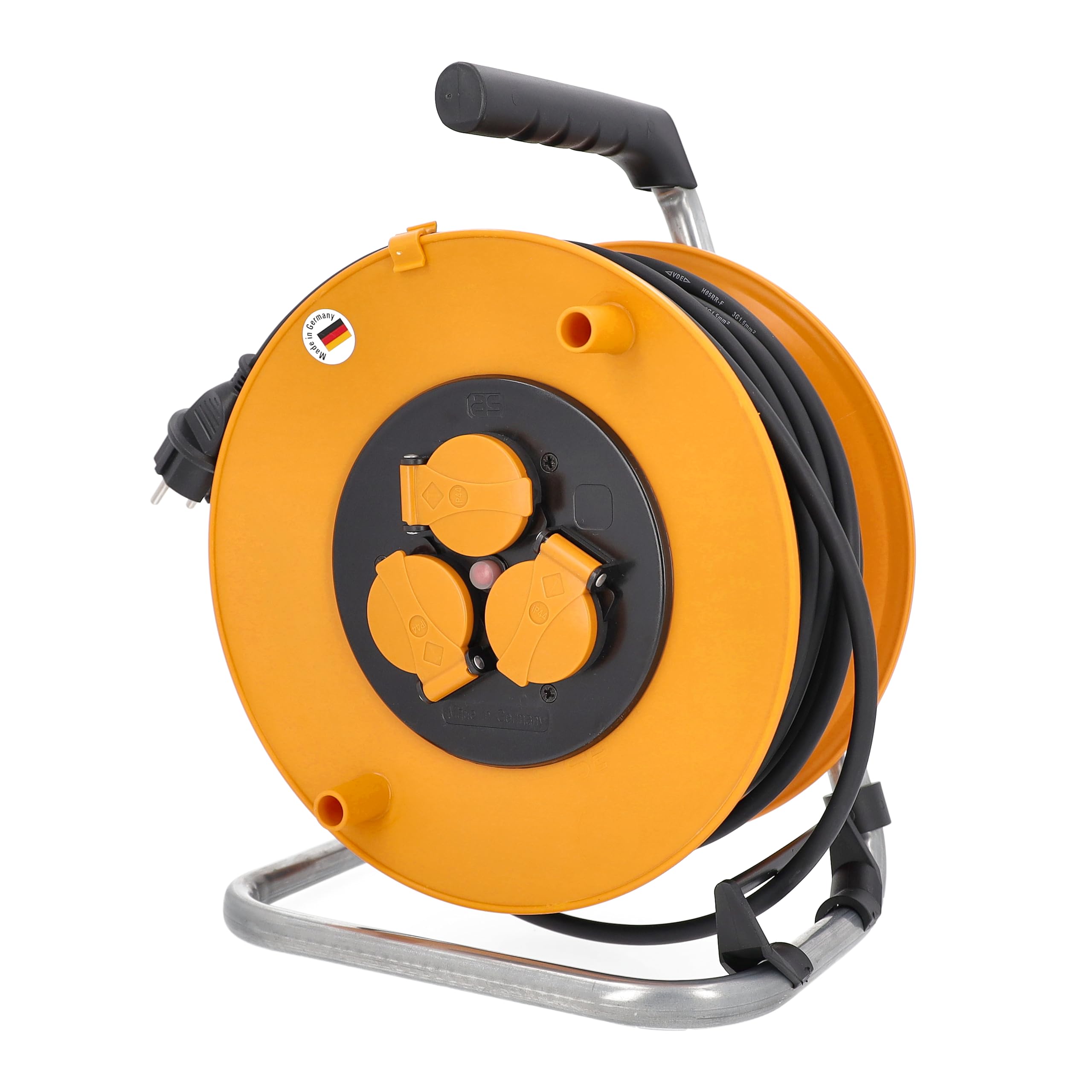 as - Schwabe Kabelhaspel 50 m, verlengkabel, 3 inbouwstopcontacten BF 230 V/ 16 A met klapdeksel en geaarde stekker, kabelhaspel, IP44, oranje, 811483