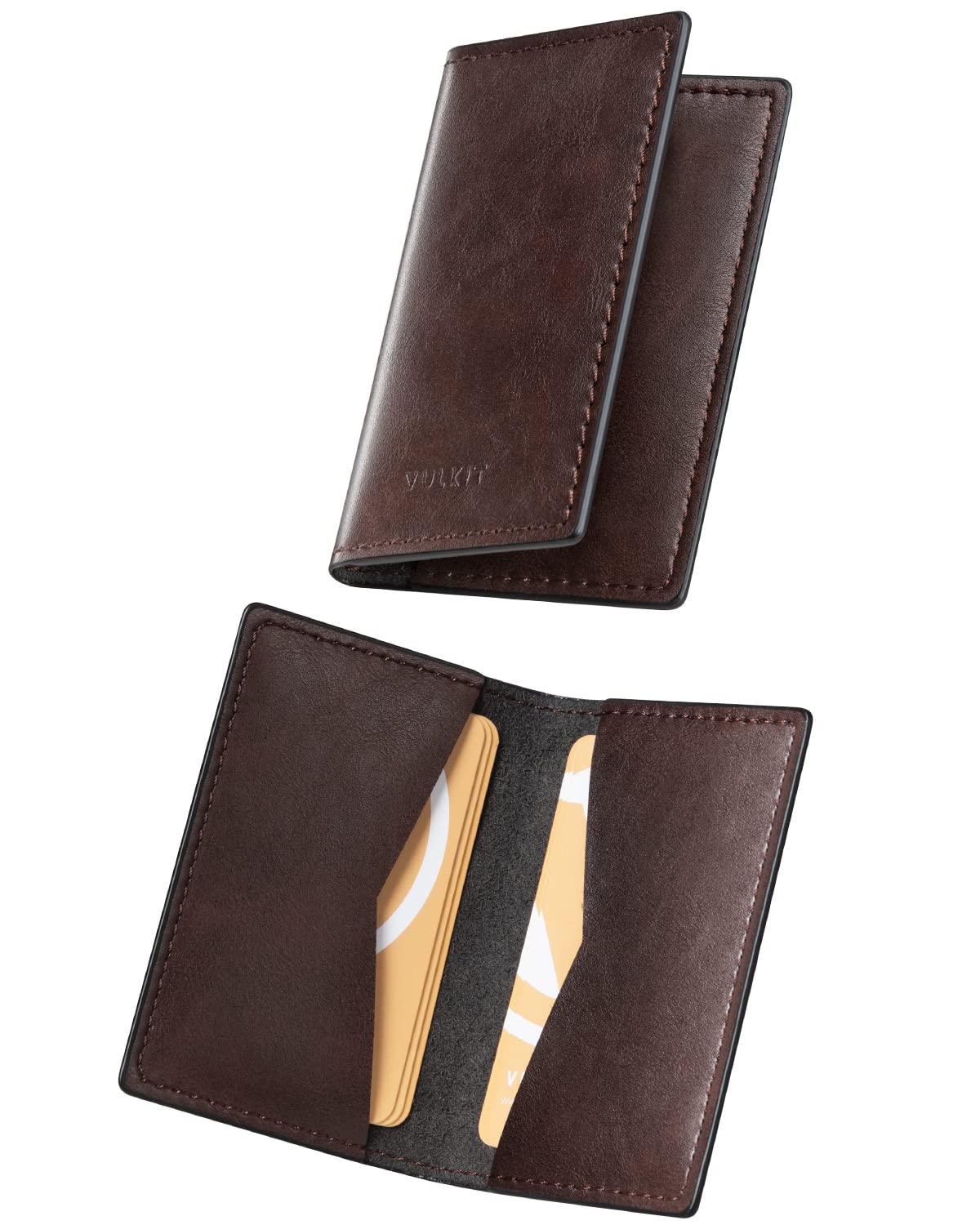 VULKIT Leather Business Card Holder 2 Sided Slim Business Name Card Organizer for Men or Women, Up to hold 20 cards (Vintage Espresso)