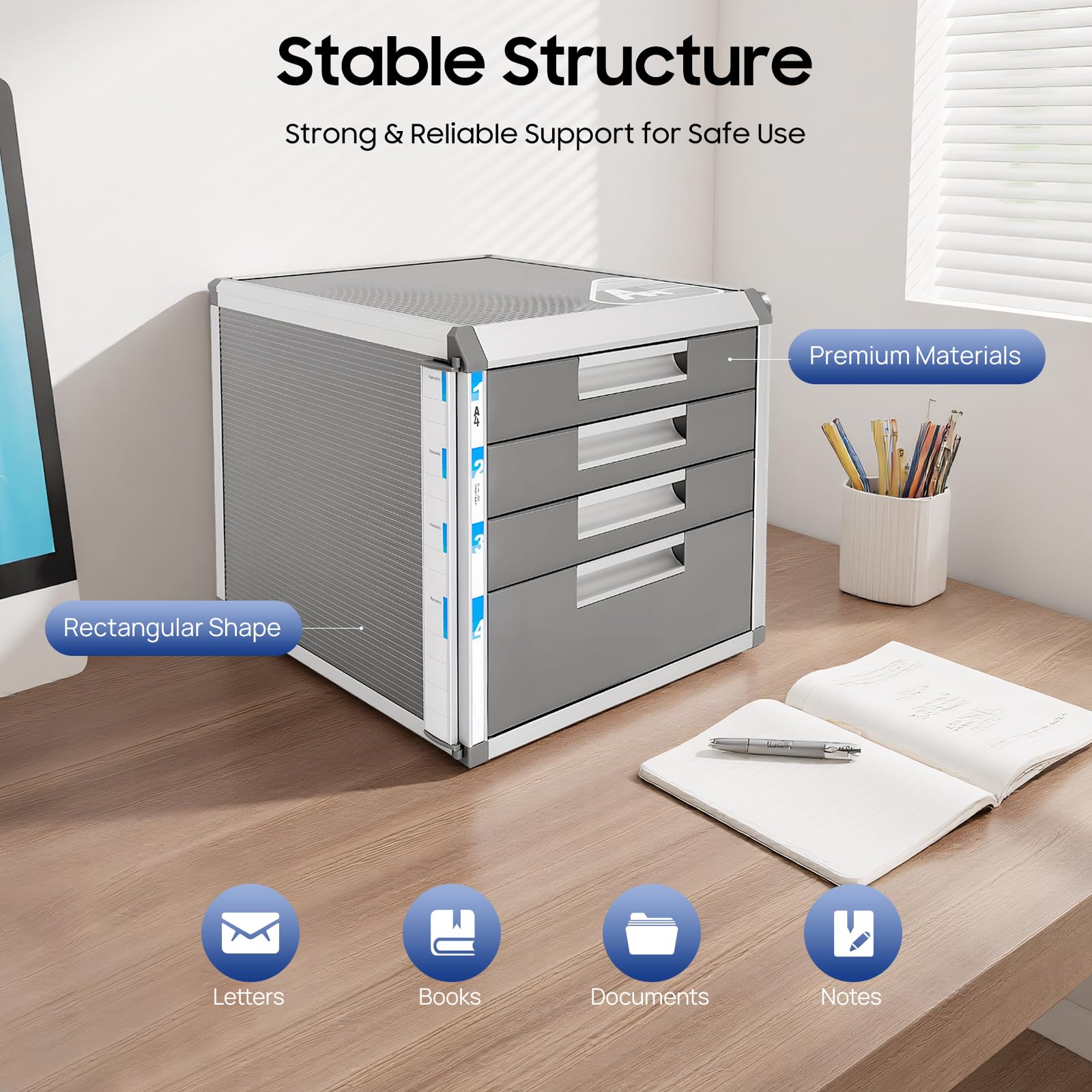 4 Tier Desktop Drawer Organizer Aluminum Alloy File Organizer with Lock Office Papers Organizer with Label Slot for Offices Schools Banks (Silver)