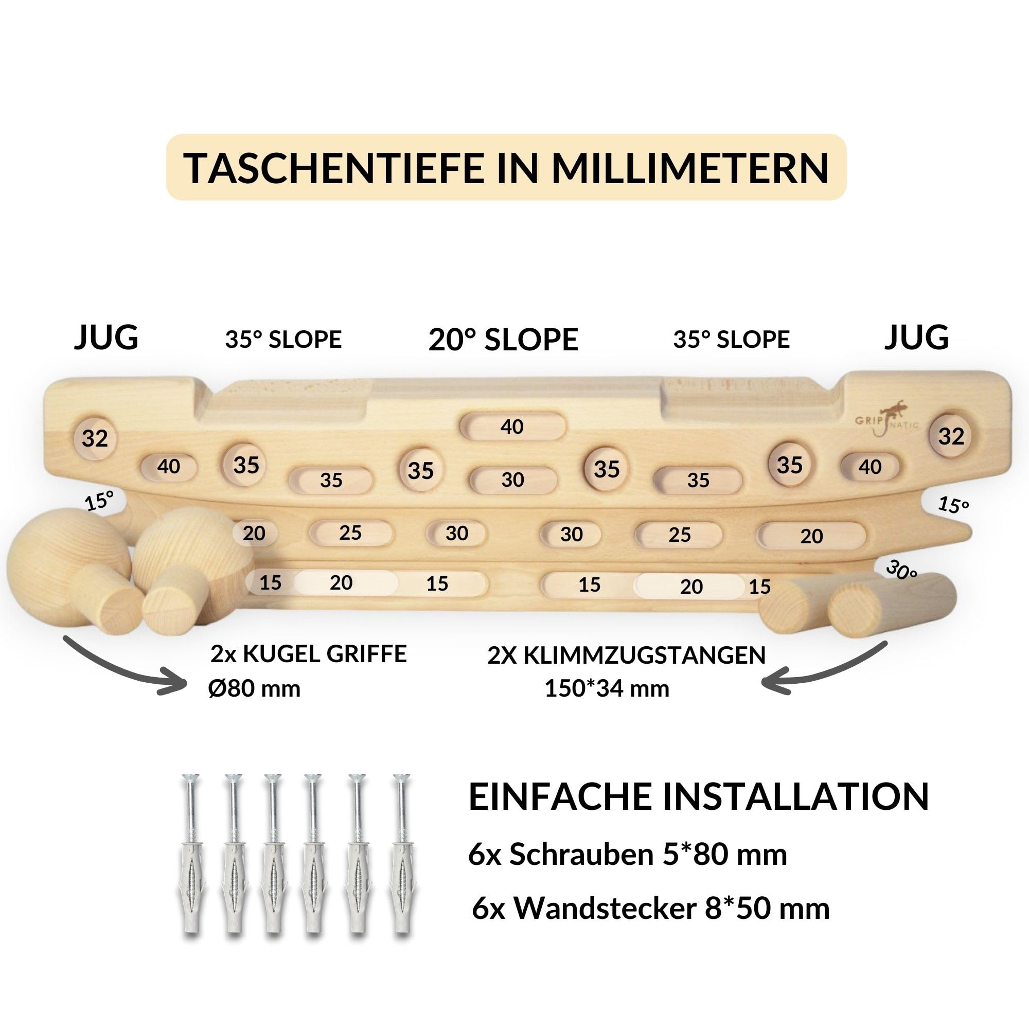 FingerPeg 1.0 Hangboard - Kletterbrett - Fingerboard - Pegboard Griffe - Buchenholz der Klasse A - mit Calisthenics-Stangen für Klimmzüge - einzigartiges Design - 120 kg Tragfähigkeit