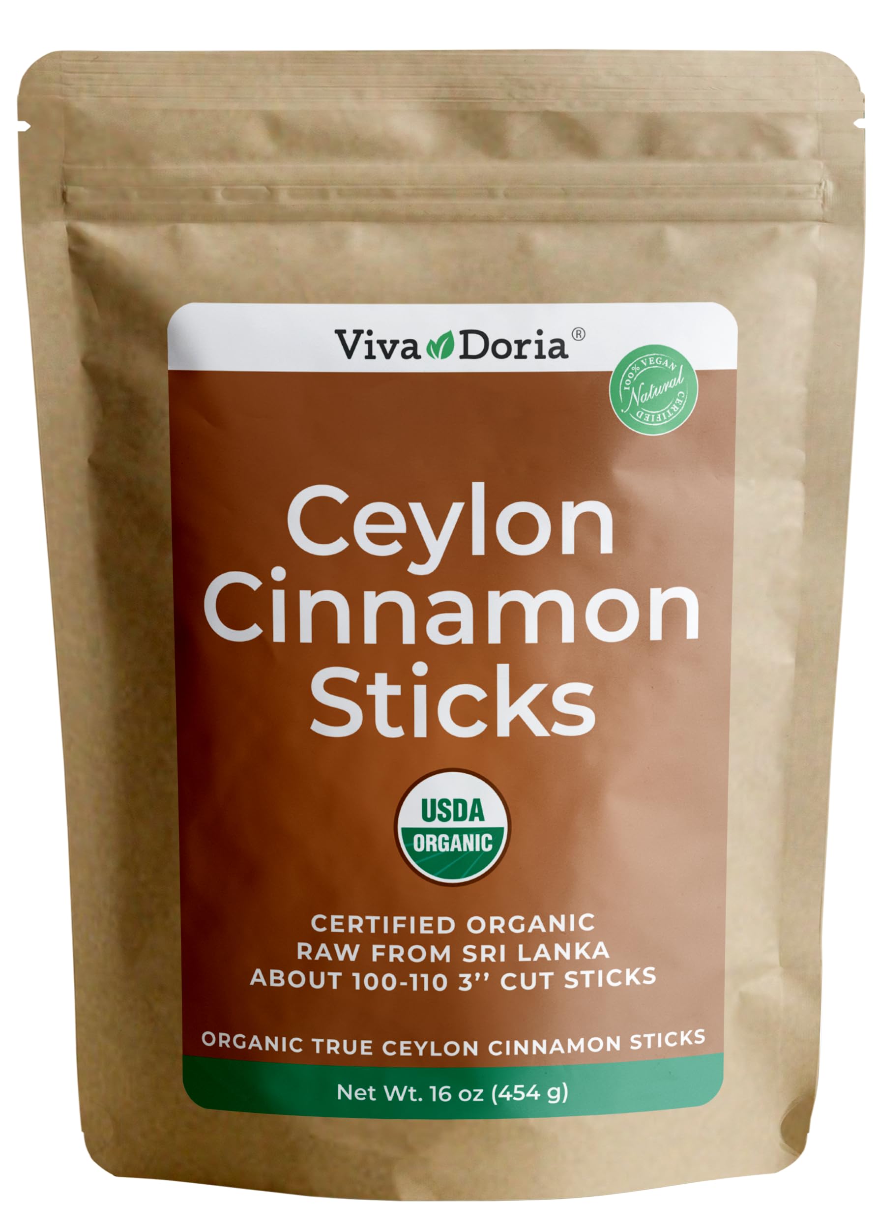 Viva Doria Organic Ceylon Cinnamon Sticks, 3'' Cut, Cinnamomum Zeylanicum, True Cinnamon, 16 Oz, | 100-110 Sticks | 100% Raw From Sri Lanka