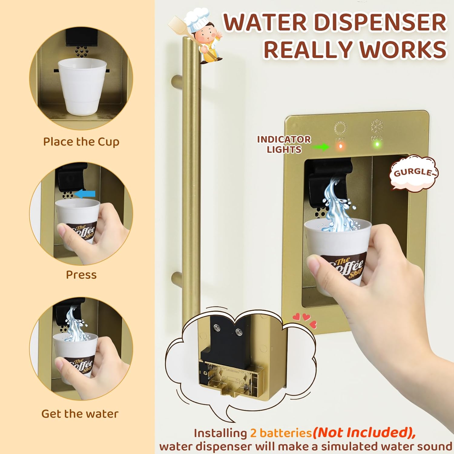 MAMIZO Kids Play Kitchen, Wooden Pretend Toy Kitchen, Large Toodler Cooking Playset, Stove and Water Dispenser w/Sound & Light, Sink, Microwave, Curtain, Modern Home Style for Ages 3+ (Yellow)