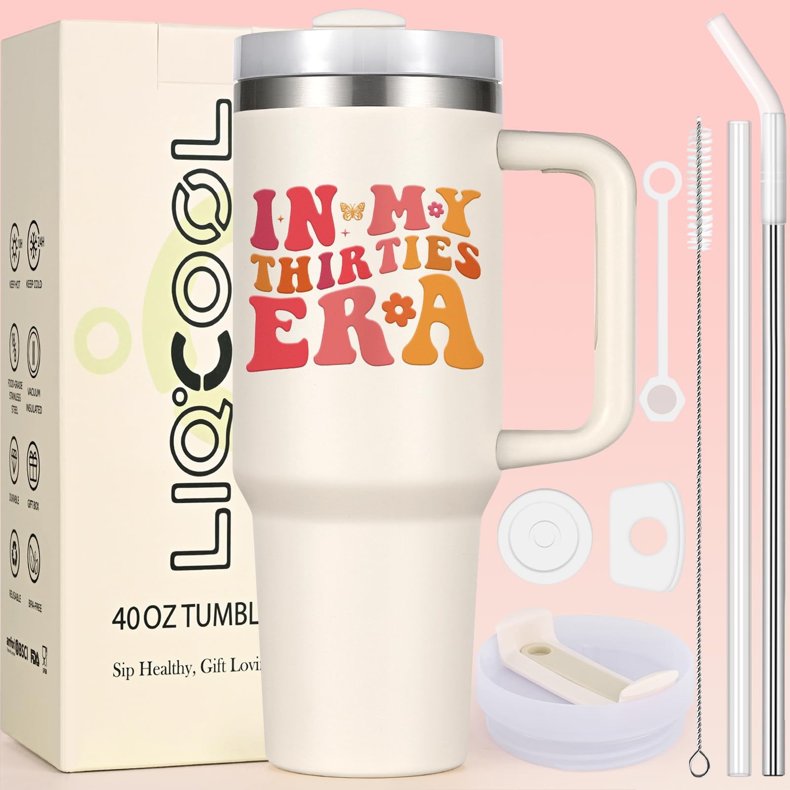 LiqCool 30th Birthday Gifts for Her Women 40 Oz Tumbler, Unique In My Thirties Era Brithday Gifts for 30 Year Old Women, Birthday Gift Ideas for Friends Sister Daughter (Cream)