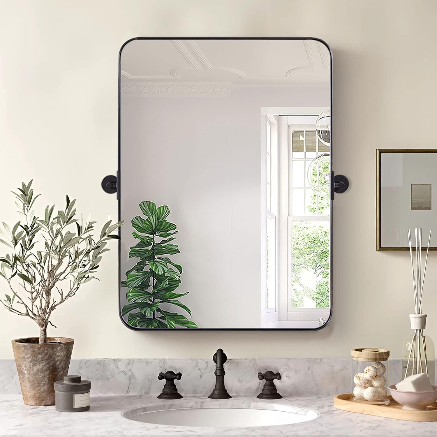 24" x 32" Black Metal Frame Pivot Rectangle Bathroom Mirror, Tilting Rounded Rectangular Vanity Mirror for Wall Hangs Vertical Only