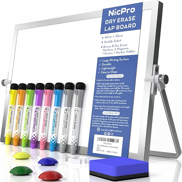 Nicpro Dry Erase Mini Whiteboard A3, 40 x 30 cm Double Sided Small Magnetic Desktop Whiteboard with Stand, 8 Pens, 1 Eraser,4 Magnet, Portable Whiteboard Easel for Kids Students School Supplies Office