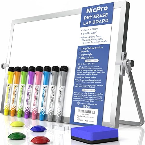 Nicpro Dry Erase Mini Whiteboard A3, 40 x 30 cm Double Sided Small Magnetic Desktop White Board with Stand, 8 Pens, 1 Eraser,4 Magnet, Portable Board Easel for Kids Students School Supplies Office - 40 x 30 cm