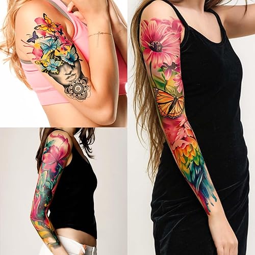 Miniatura 4 de Tatuaje temporal de brazo completo, 8 hojas, tatuaje falso de medio brazo, 8 hojas de tatuajes de flores, mariposa, ballena, cráneo, lobo para