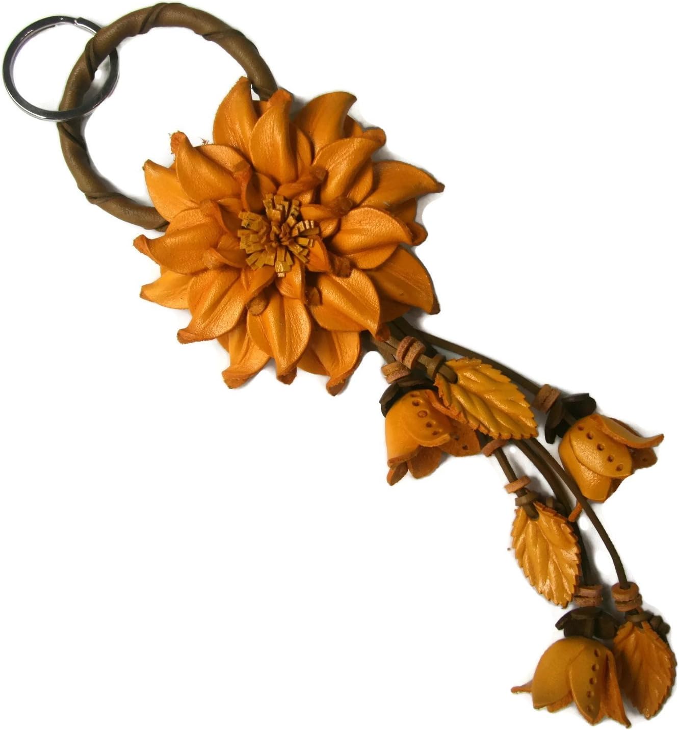 Yellow Handmade Dahlia Flower Leather Keychain Key Ring Clasp Bag Charm Handbag Purse charm Car Key Pendant