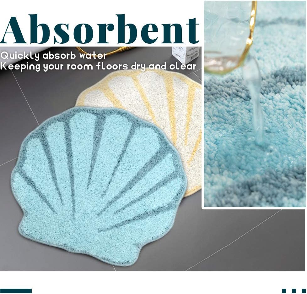 RORA Bath Rug Aqua Blue Seashell Shape Cartoon Plush Water Absorbent Bathroom Decor Mat Bathtub Bathroom Doormats for Kid's Bathroom Children’s Room Non Slip Washable Toilet Rug