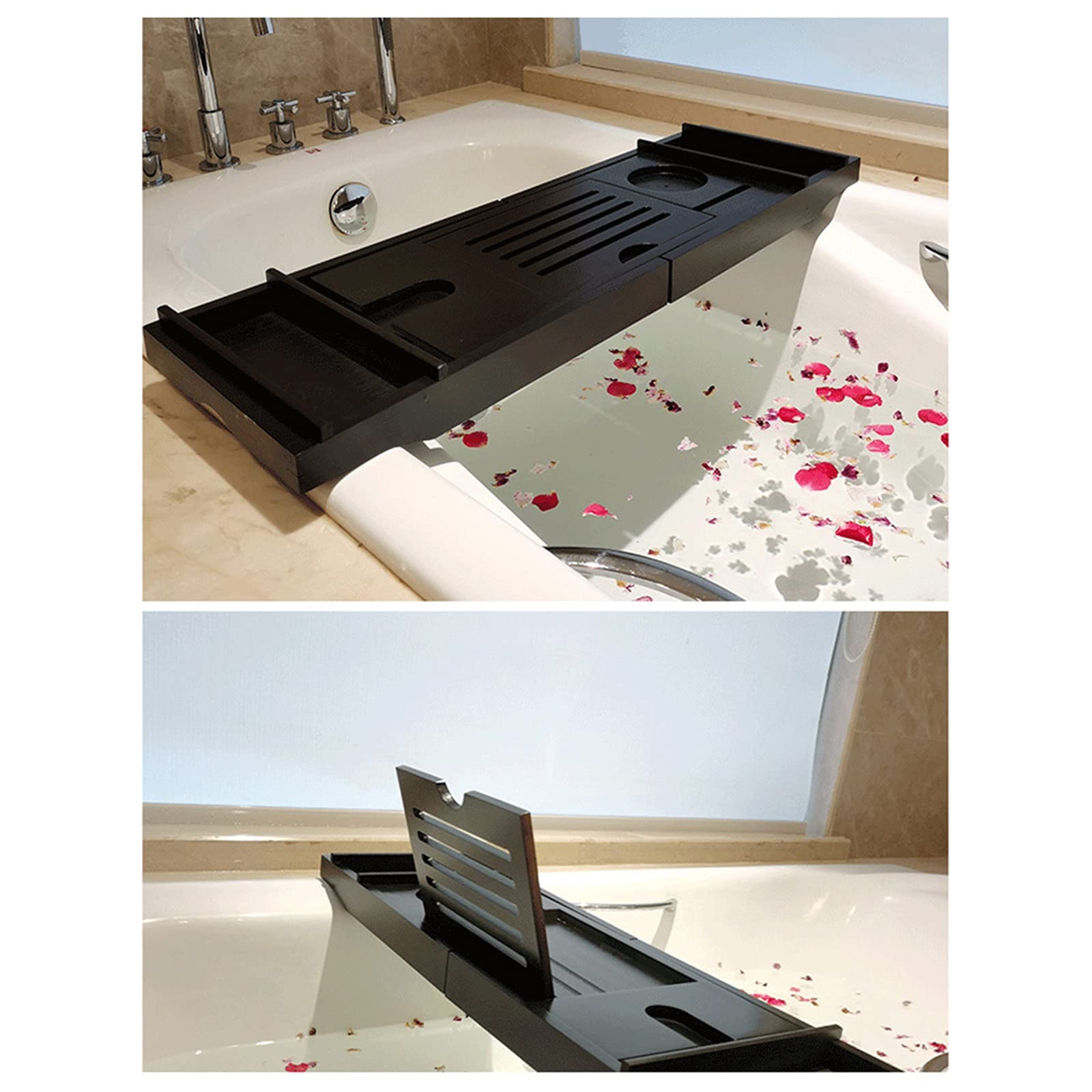 Bandeja para bañera de bambú, color negro, bandeja para bañera, tabla de bambú natural, extensible, 75 – 110 x 4,5 x 23 cm