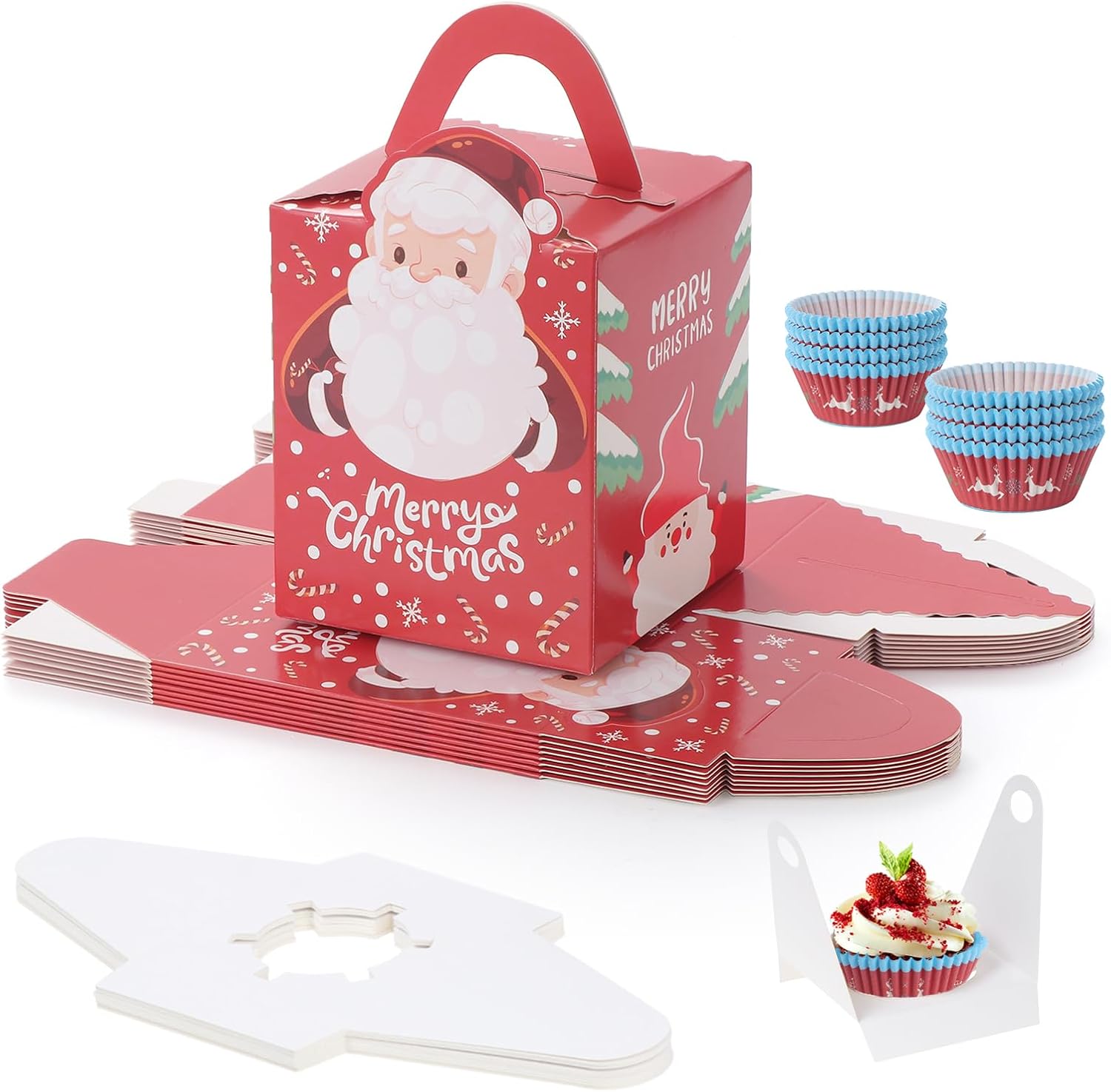 Fippy 50PCS Individual Christmas Cupcake Boxes with 100PCS Christmas