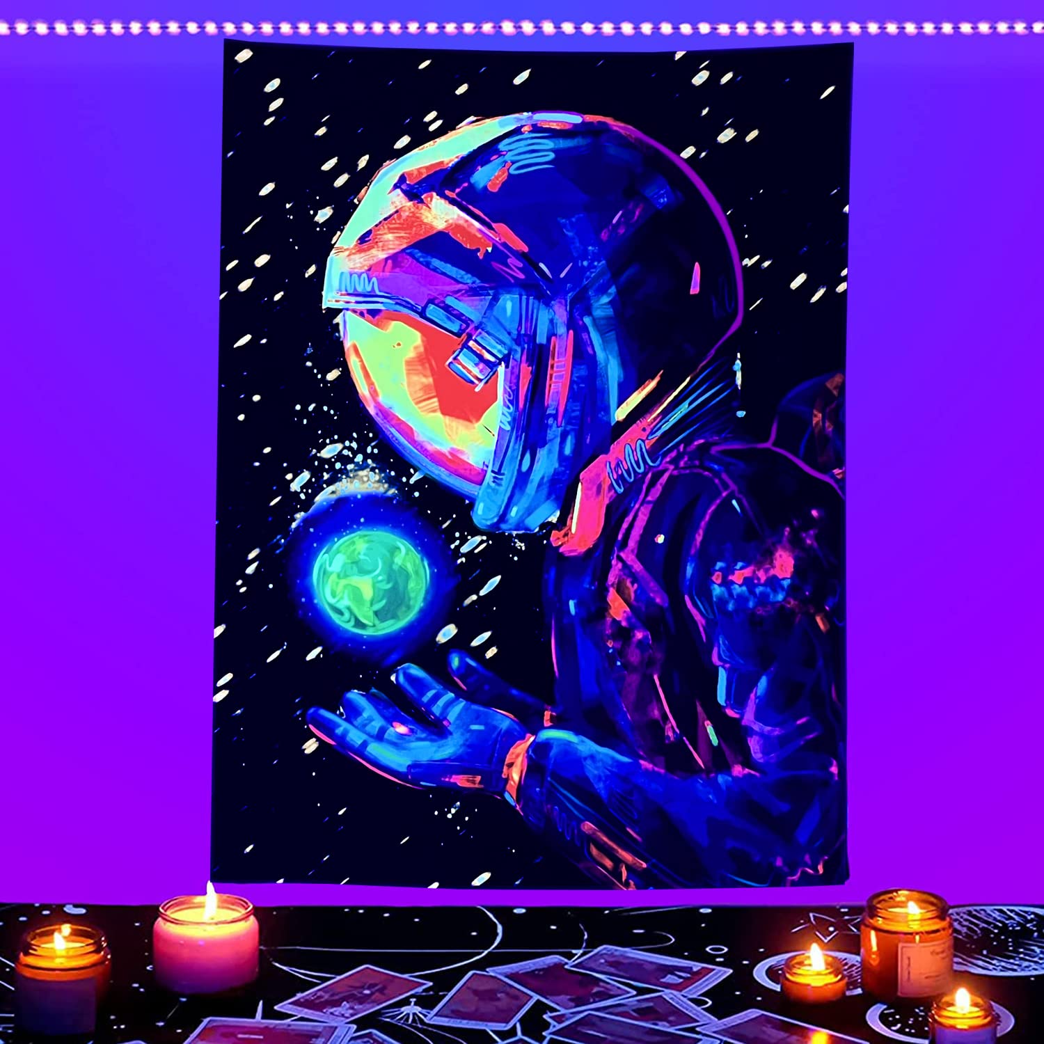 Manicer Blacklight Astronaut Tapestry, UV Reactive Galaxy Tapestry Wall Hanging, Trippy Neon Tapestries Glow in the Dark Wall Art for Bedroom Living Room – 44" x 59"