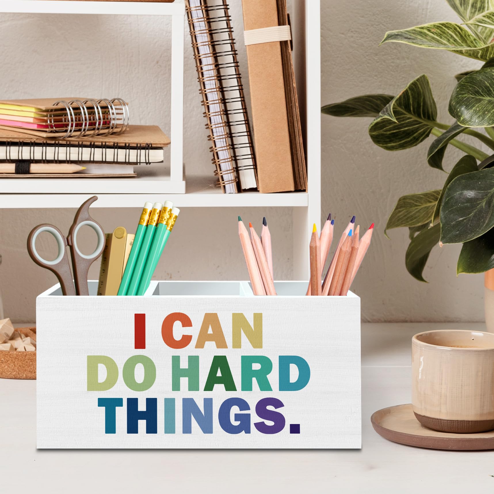 DILSJ Inspirierender Boho-Stiftehalter für den Schreibtisch, Boho-Klassenzimmer-Dekor, inspirierende Geschenke, "I Can Do Hard Things", motivierende Holzbox-Schilder für Zuhause, Büro, Schreibtisch