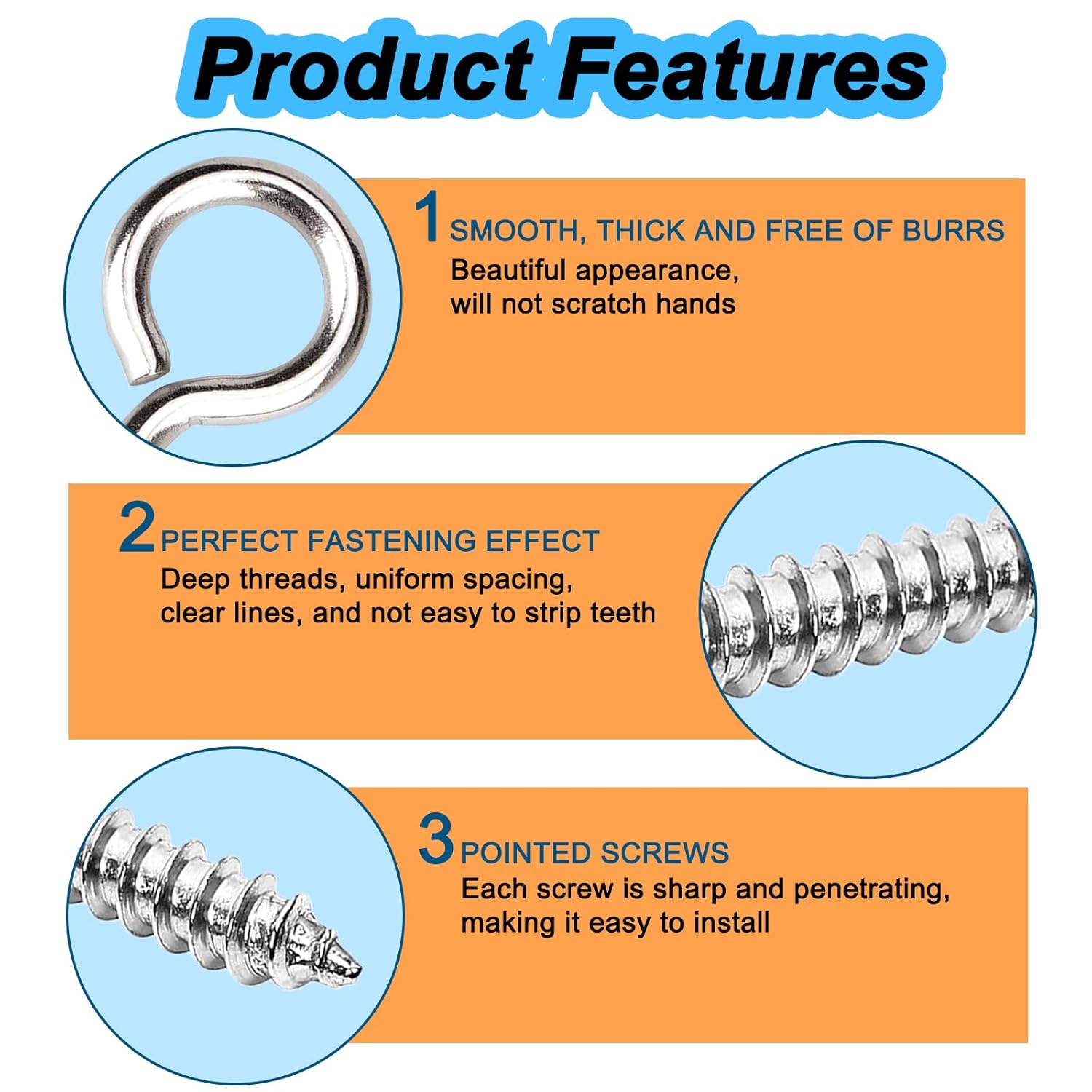 AccEncyc Screw Eyes Assortment Kit 900 Pcs Eye Screws 0.71"-1.77" Eye Hooks Screw Self Tapping Eyelet Screws Includes 10 Sizes, Indoor & Outdoor Use for Wood Hanging Artwork