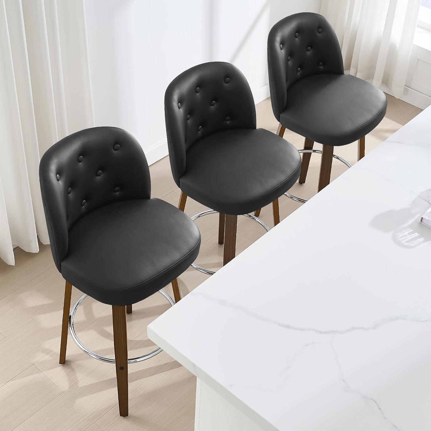 Bekrvio Bar Stools Set of 3, 26" Counter Height Swivel Bar Stools with Back,Walnut Bentwood Legs, Faux Leather Upholstered Counter Stools, Modern Counter Chairs Bar Stool for Kitchen Island, Black