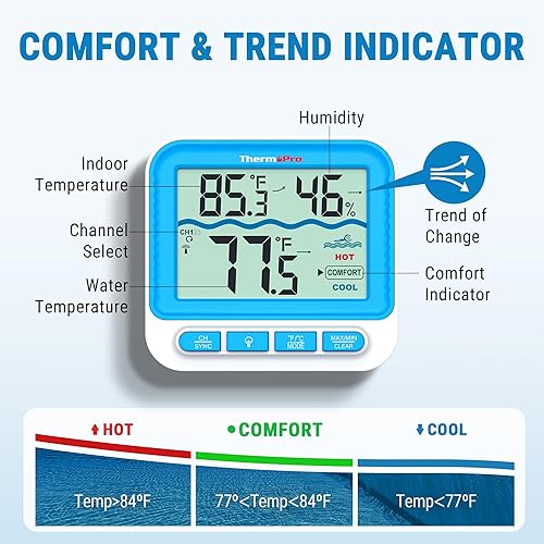Miniatura 7 de ThermoPro Termómetro inalámbrico impermeable para interiores y exteriores para piscina, monitor de temperatura del agua IPX8 mejorado flotante para