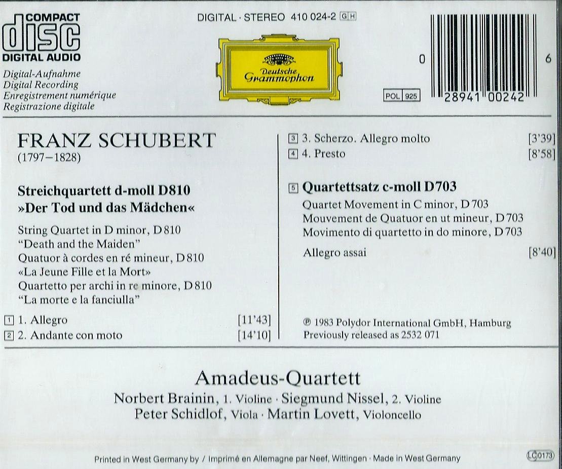 Schubert : Quatuor à cordes, D8 La Jeune Fille et la Mort" ~ Quartettsatz, D703