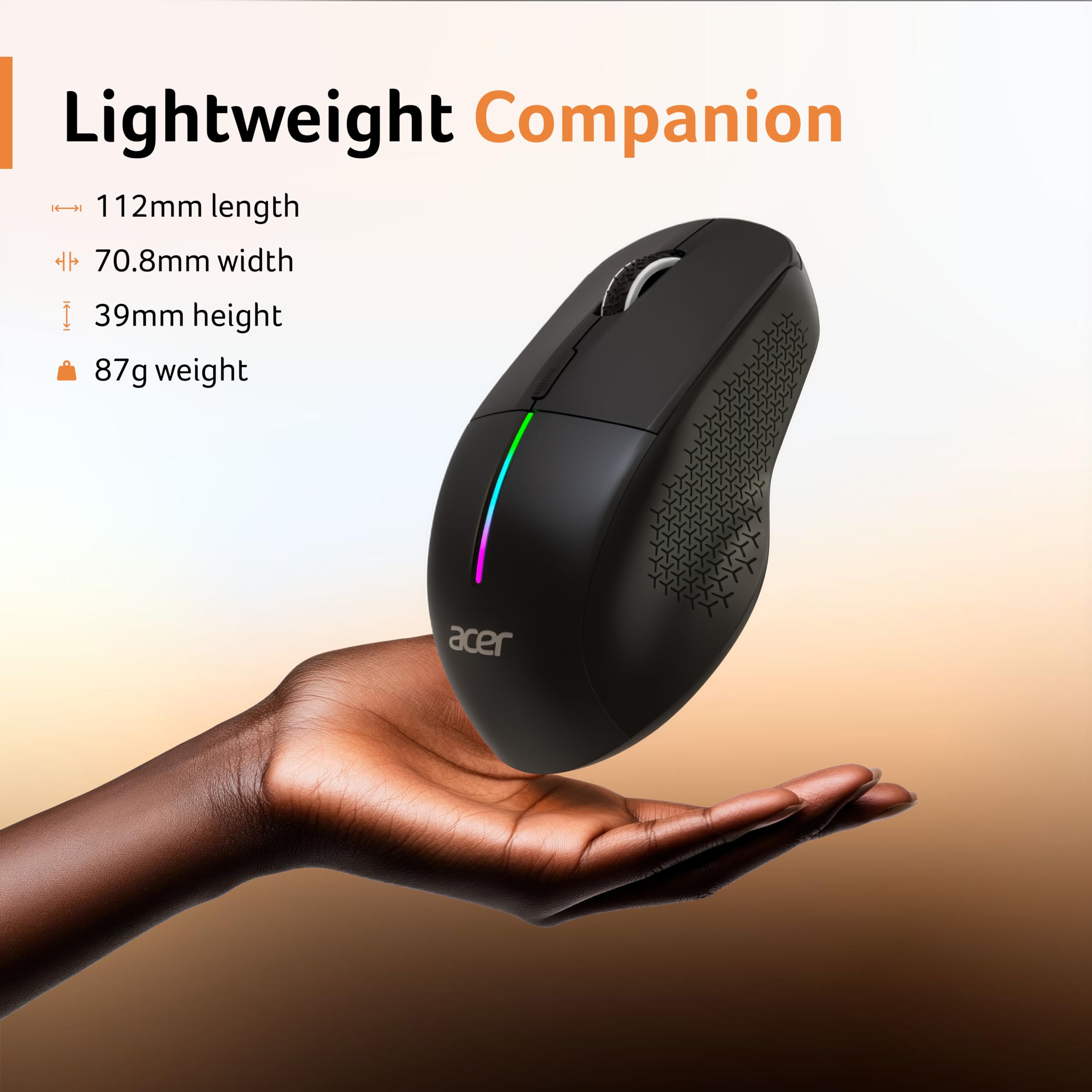Acer Prism Dual Mode Wireless Mouse I 2.4G + Bluetooth I Silent Click I 3200 DPI (800-1200-2400-3200) I Rechargeable 500mAh I RGB LED I 6 Buttons I Lightweight 87g I Ergonomic Design for Laptop PC Mac — Amazon image 6