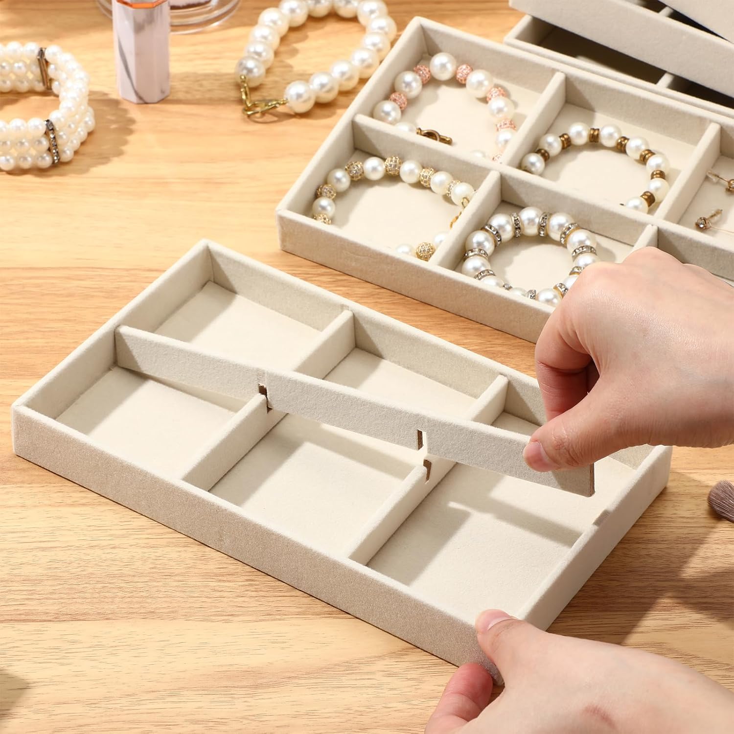 Highergo 8 Pcs Velvet Jewelry Trays Stackable Drawers Organizer Ring Earring Bracelet Necklace Storage Trays, 8.3x4.7x1''(6 Grids)