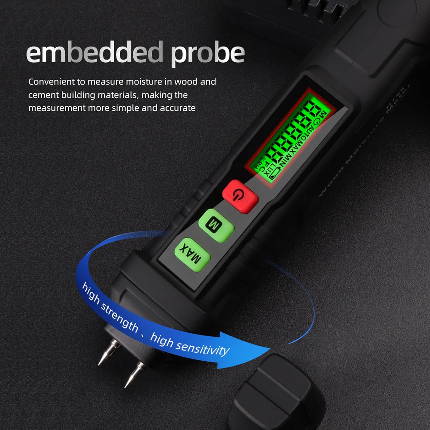 Pin Wood Meter, Digital Leak Detection Tester with Backlit LCD Hold Function for Drywall Flooring ABS Black 1 Pack