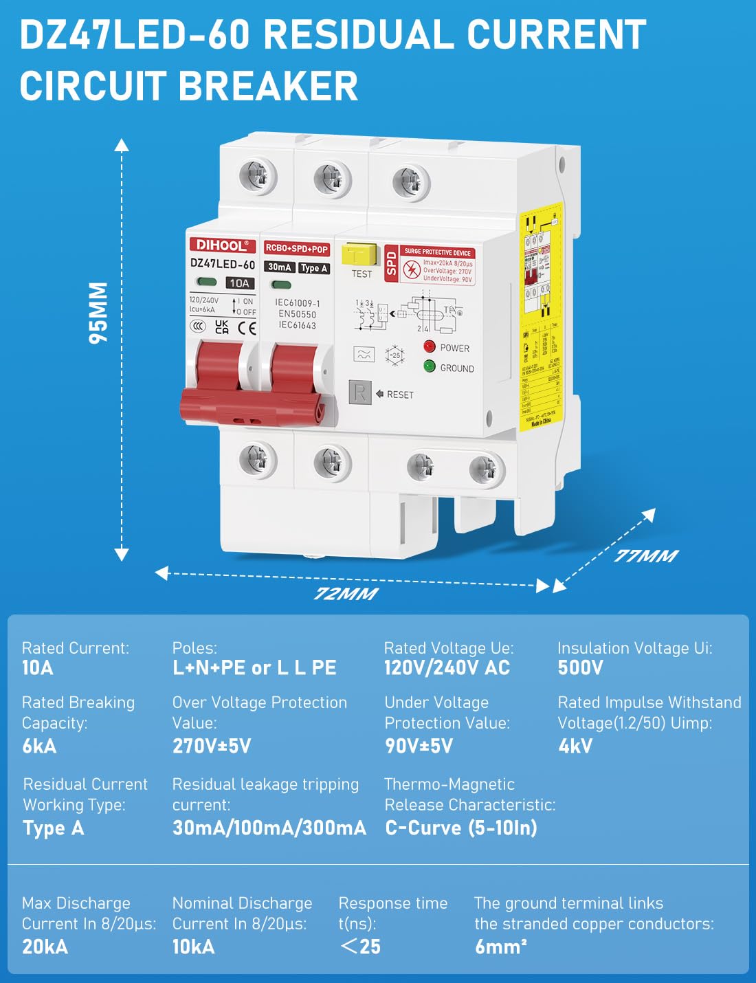 Interruttore Smart DIHOOL Con Protezione Da Sovratensioni Tipo 2 - 40A 2P 30mA 230V, Anti Fulmine E Cortocircuito - Foto 6