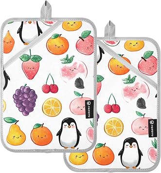 Penguins Pot Holders for Kitchen Colorful Fruits Heat Resistant Hot Pads with Hand Pockets and Hanging Loops, Potholders 2 Pack Set for Cooking Baking Microwave