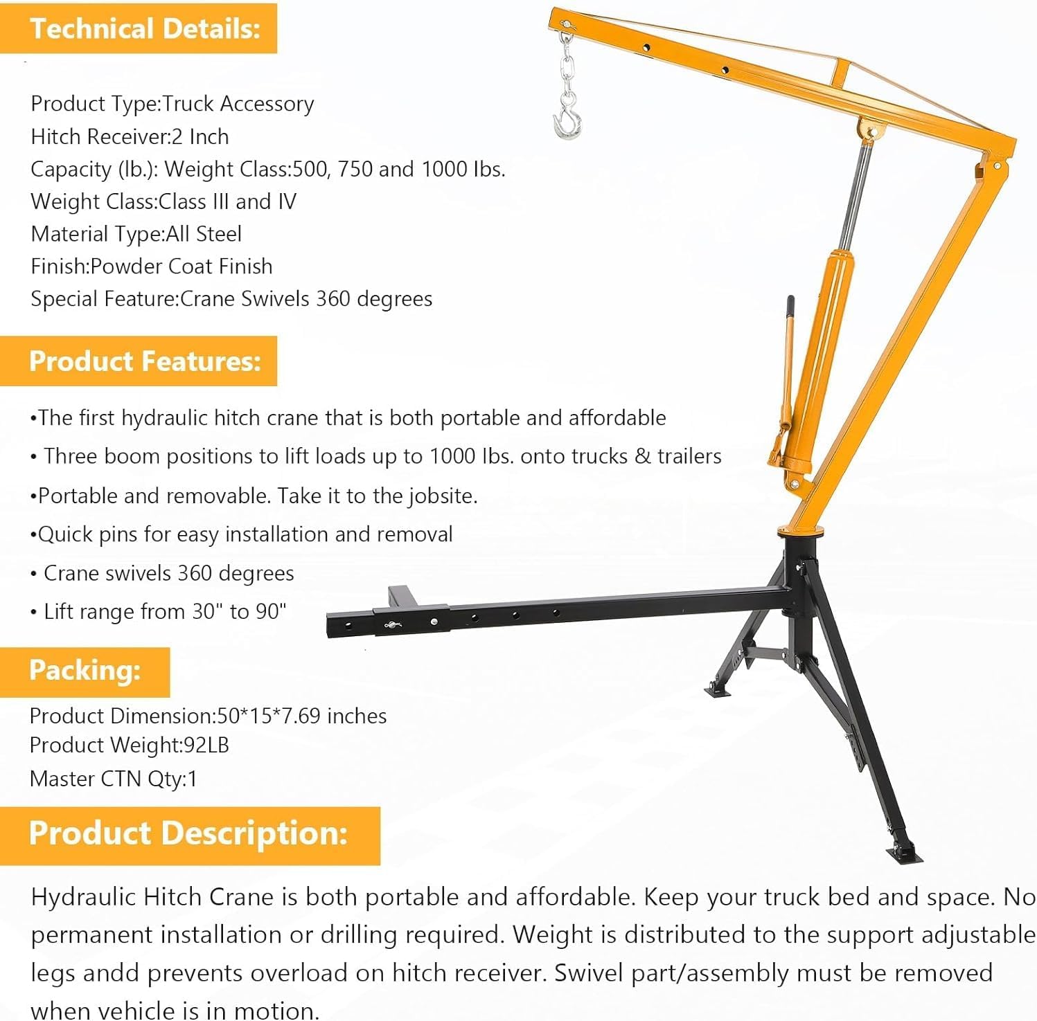 Hydraulic Pickup Truck Crane, 1000 Lbs Capacity, 360°Swivel, Hitch Mounted Crane with 3 Adjustable Capacities of 500 Lbs, 750 Lbs and 1000 Lbs for Lifting Goods in Construction, Yellow