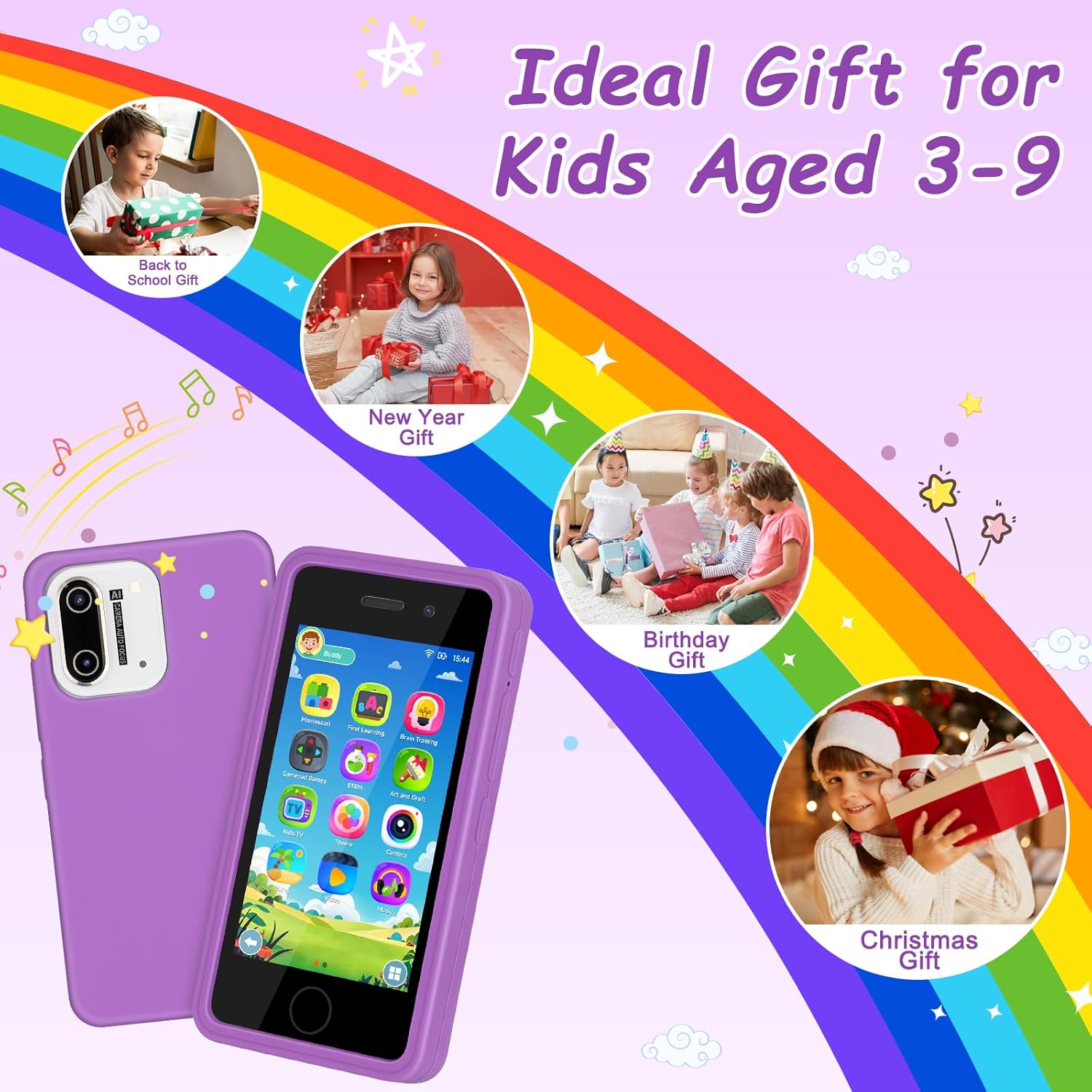 3.97" Touchscreen Kids Toys Smart Phone, Kids Phone with Games & Dual Camera, Toddler Toys Phone, Boys and Girls Learning Toy Phone for 3-9 Years Old (Purple)
