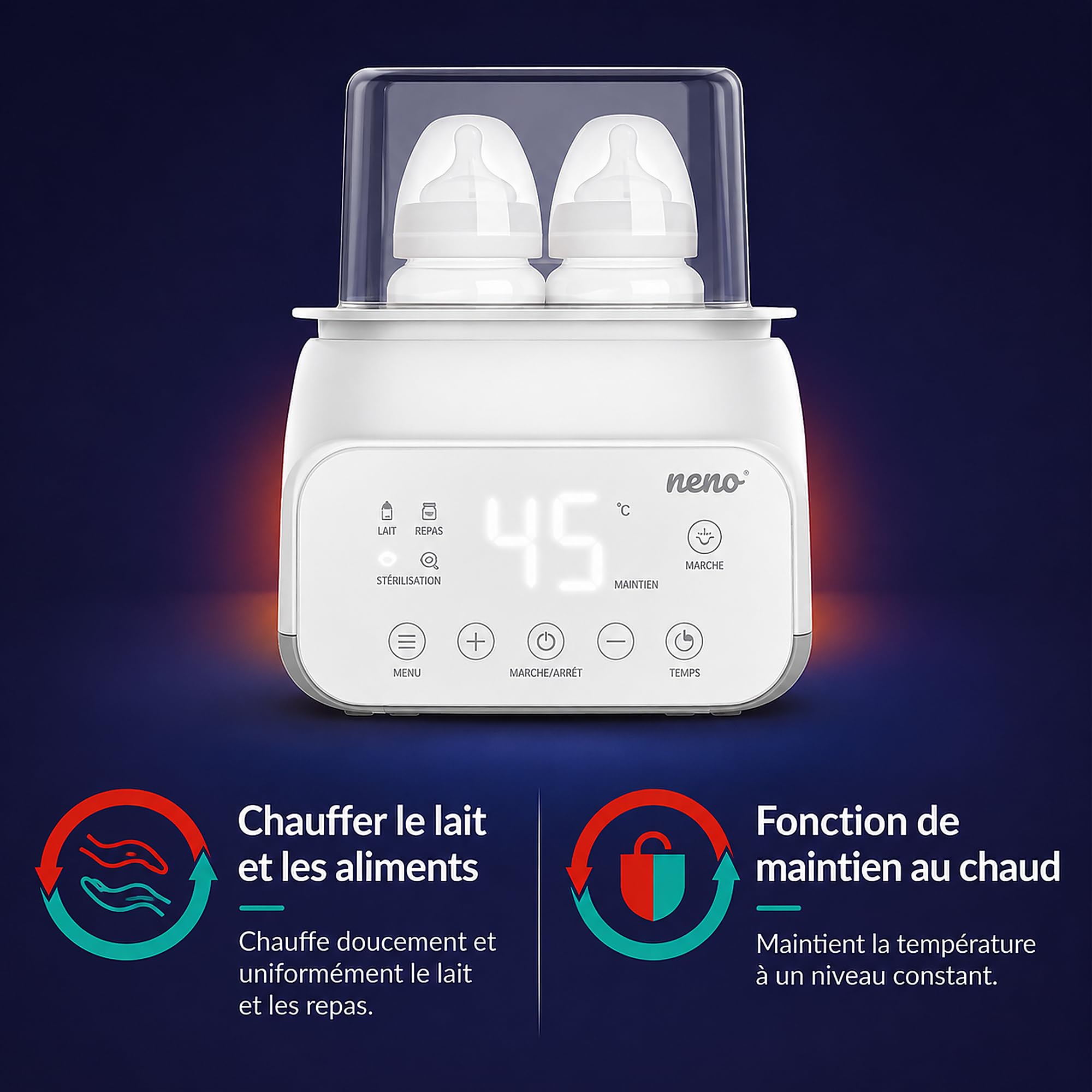 Neno VITA, Chauffe-Biberon Bébé et Stérilisateur pour Biberons, Chauffe Lait Bébé 5-en-1: Stérilisation, Chauffage du Lait et des Repas, Décongélation, Maintien au Chaud, 4 Modes de Fonctionnement