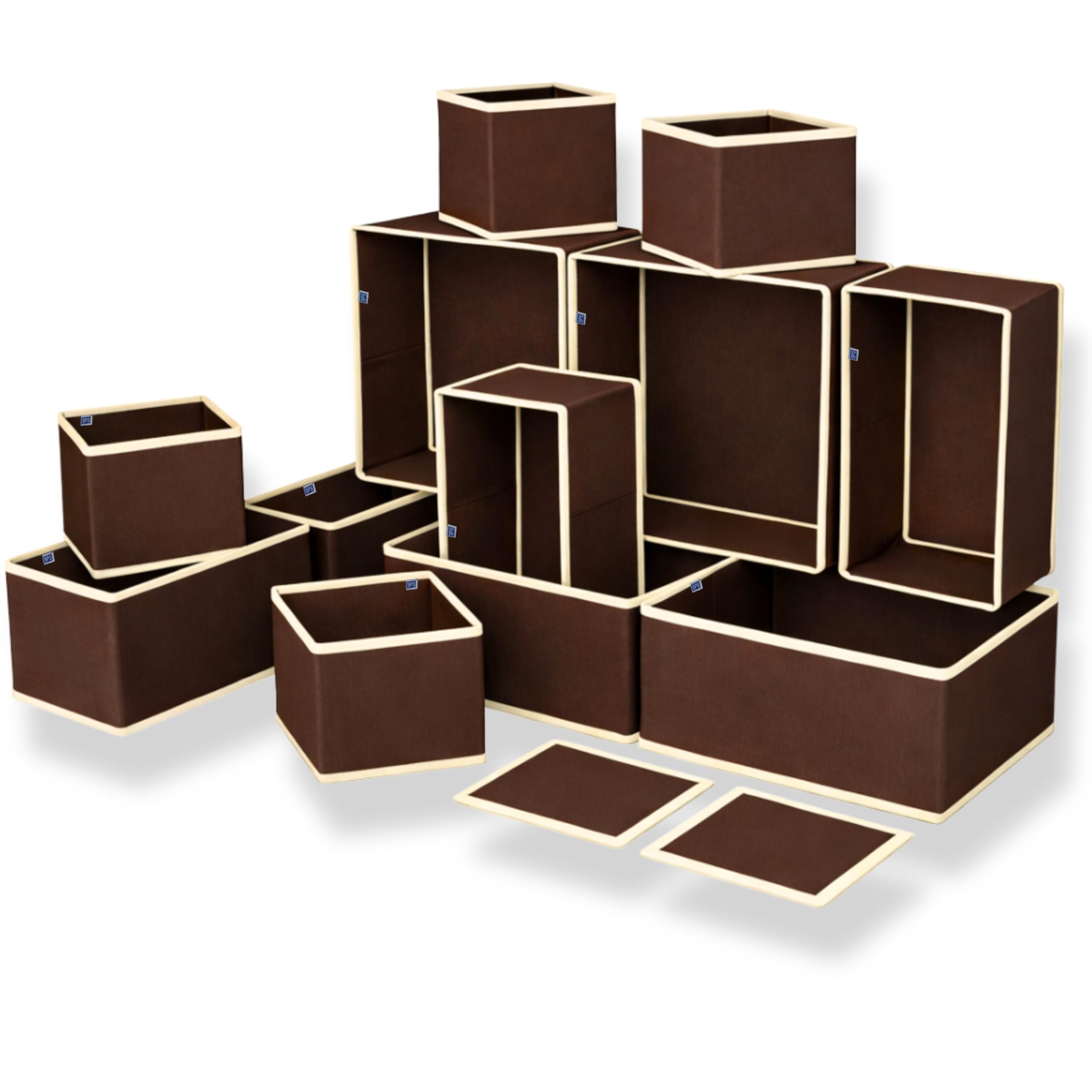 Skrill 12-Piece Foldable Cloth Storage Box Set | Odourless Cube Baskets, Bins & Dividers for Closet & Dresser Drawer Organization | Storage for Shirts, Pants, Underwear, Bras, Socks, Inners - Brown