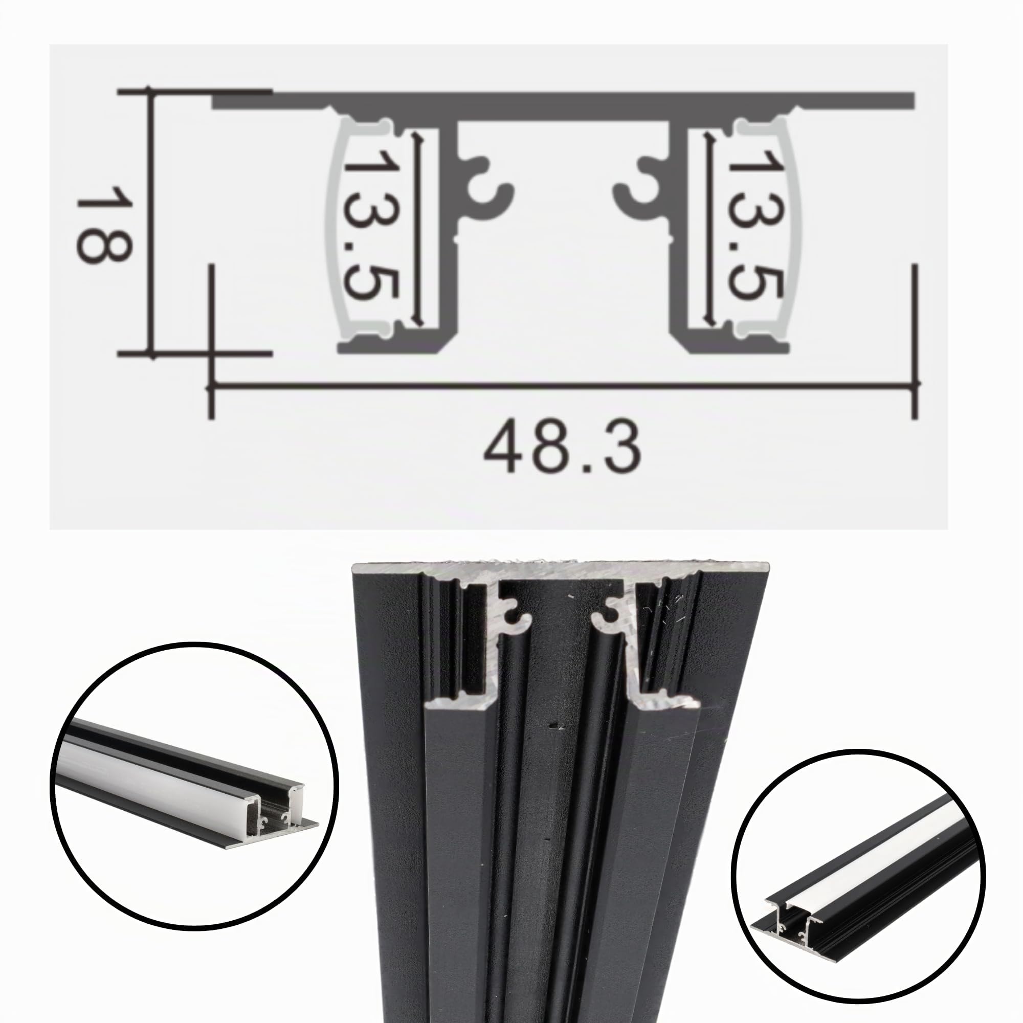 Jandei - Confezione da 4 profili Led Alluminio Nero 1 Metro per Montaggio a Doppia Striscia Led in Superficie, Diffusore Opale Bianco Traslucido. Con tappi finali, viti e staffe di montaggio