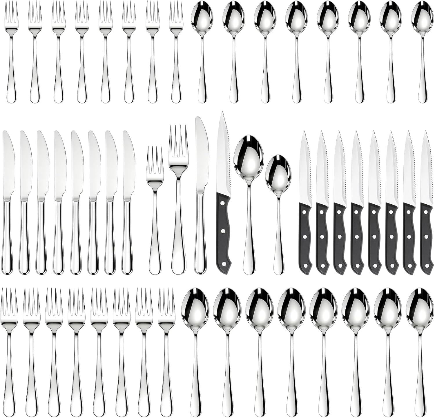 48-Piece Flatware with Steak Knives Food-Grade Stainless Steel Cutlery for 8 Mirror Polished Utensils Set Include Spoons and Forks for Home Kitchen Restaurant