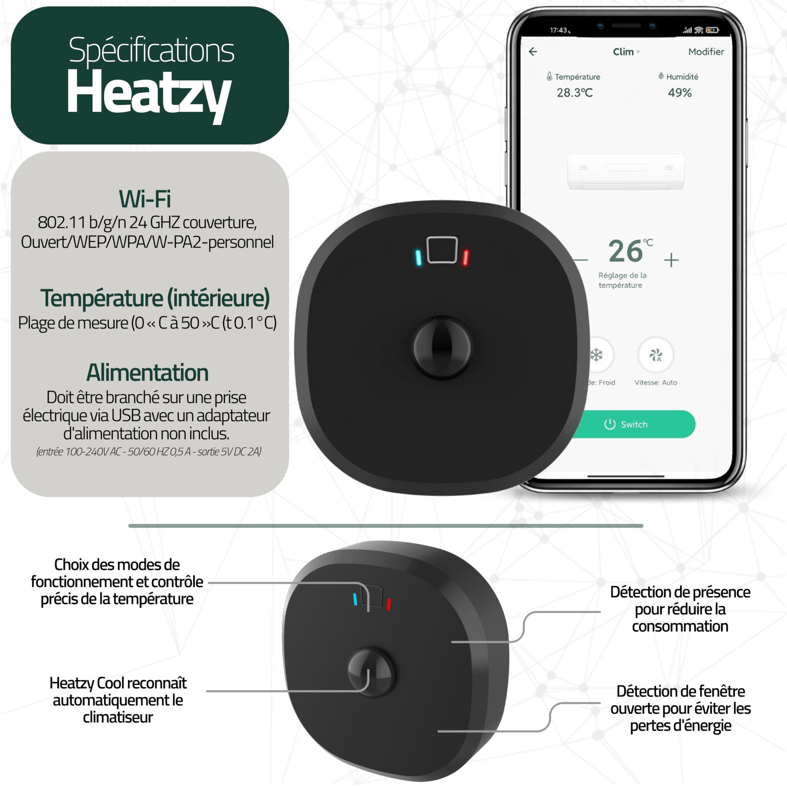 Heatzy Cool : Thermostat Connecté WiFi - Contrôleur Intelligent sans Fil pour Pompe à Chaleur et Climatiseur - Compatible Alexa, Google Home - Efficacité énergétique