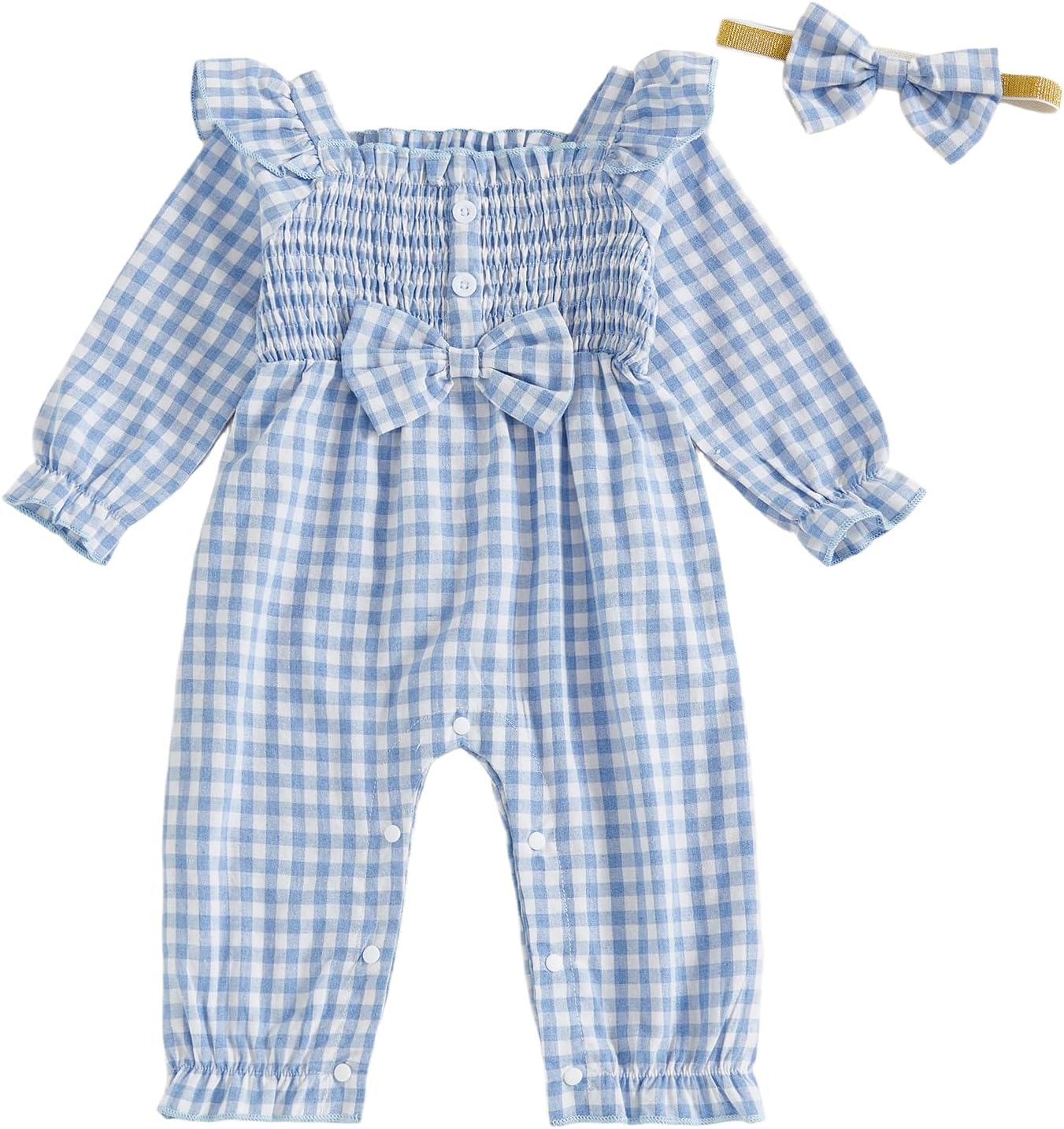 Newborn Infant Baby Girl Clothes Smocked Fly Sleeve Ruffle Bow Romper Plaid Jumpsuit One Piece Fall Winter Outfits