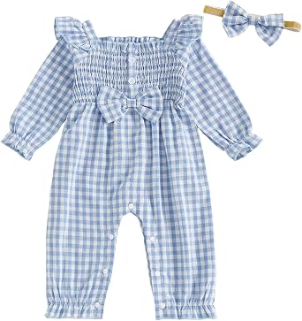 Newborn Baby Girls Plaid/Striped Long Sleeve One Piece Romper Jumpsuit Smocked Bodysuit Playsuit with Headband