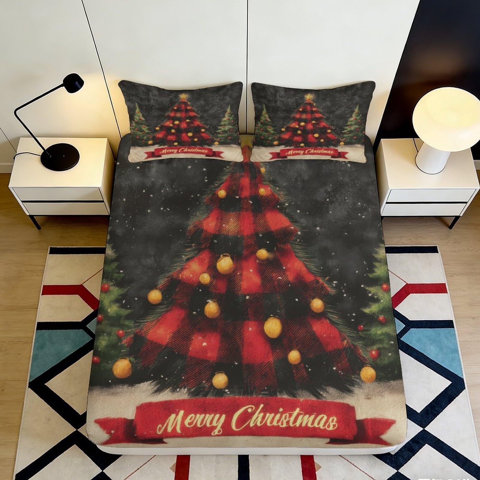 3D Printed Christmas Tree Plaid Fitted Sheet Microfiber Soft Festive Snowflake Bed Cover for Bedroom Guest Room 200x200x25cm