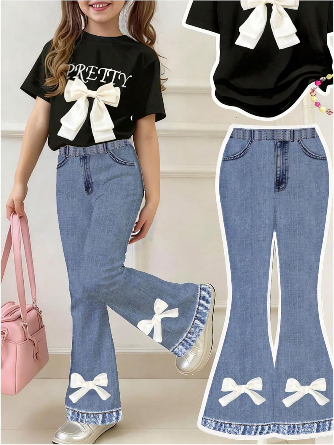 Floerns Girl's 2 Piece Outfit Cute Bow Short Sleeve Tee Shirts and Graphic Flared Denim Pants Set - Image 5