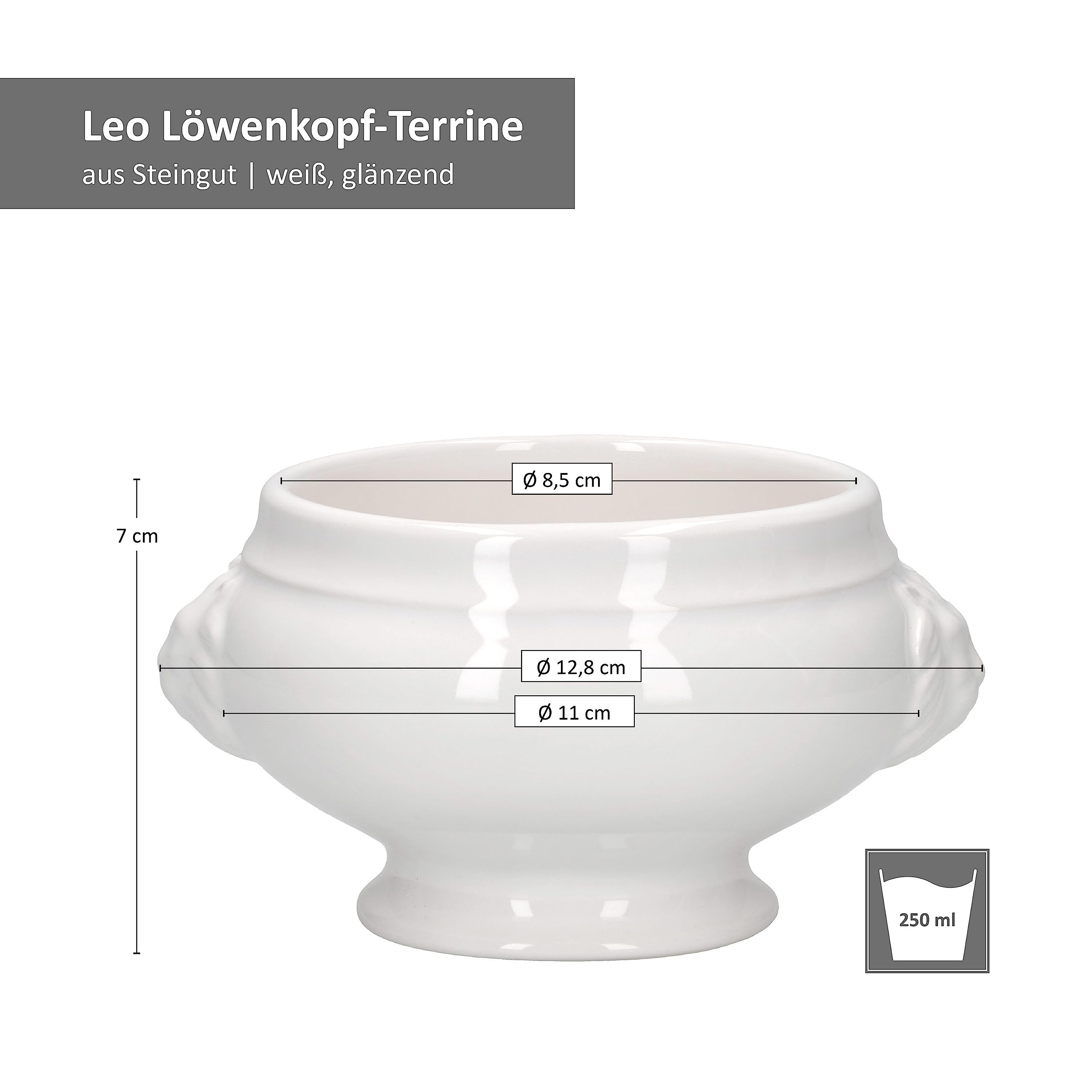 MamboCat Leo, set da 24 terrine a testa di leone, piccole – 250 ml, per 24 persone, tazze da zuppa bianche da 0,25 litri, zuppa con teste di leone, per zuppa di nozze, piselli o lenticchie