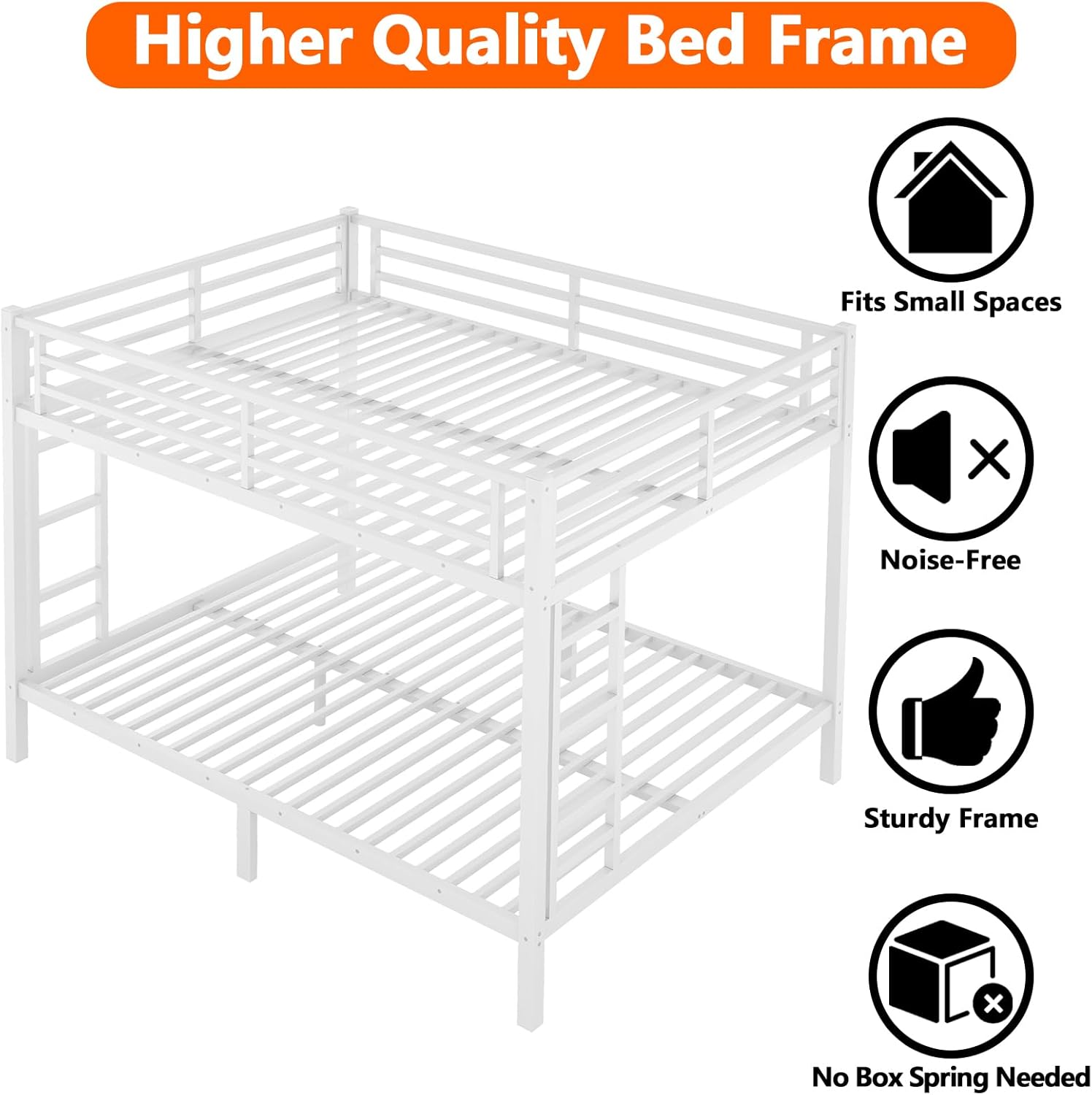 Queen Over Queen Bunk Bed,Heavy Duty Metal Bunk Bed Frame for Adults,2 Side Ladder,Guardrail,Space-Saving,Noise Reduced,No Box Spring Needed,Black (White, Queen Over Queen)