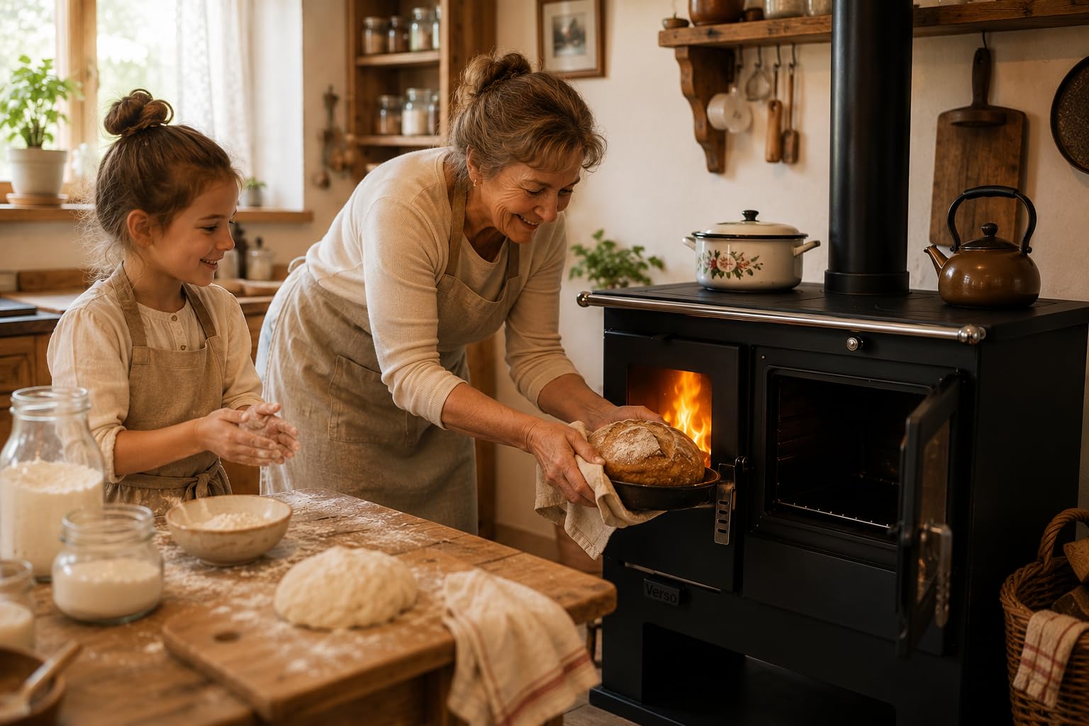 Verso CS Stufa a legna con forno 7,7 kW, 82,2% di alta efficienza, corpo in acciaio robusto, piano cottura in metallo e forno con termometro, riscaldamento per camino per 135-165 m³, scarico fumo da