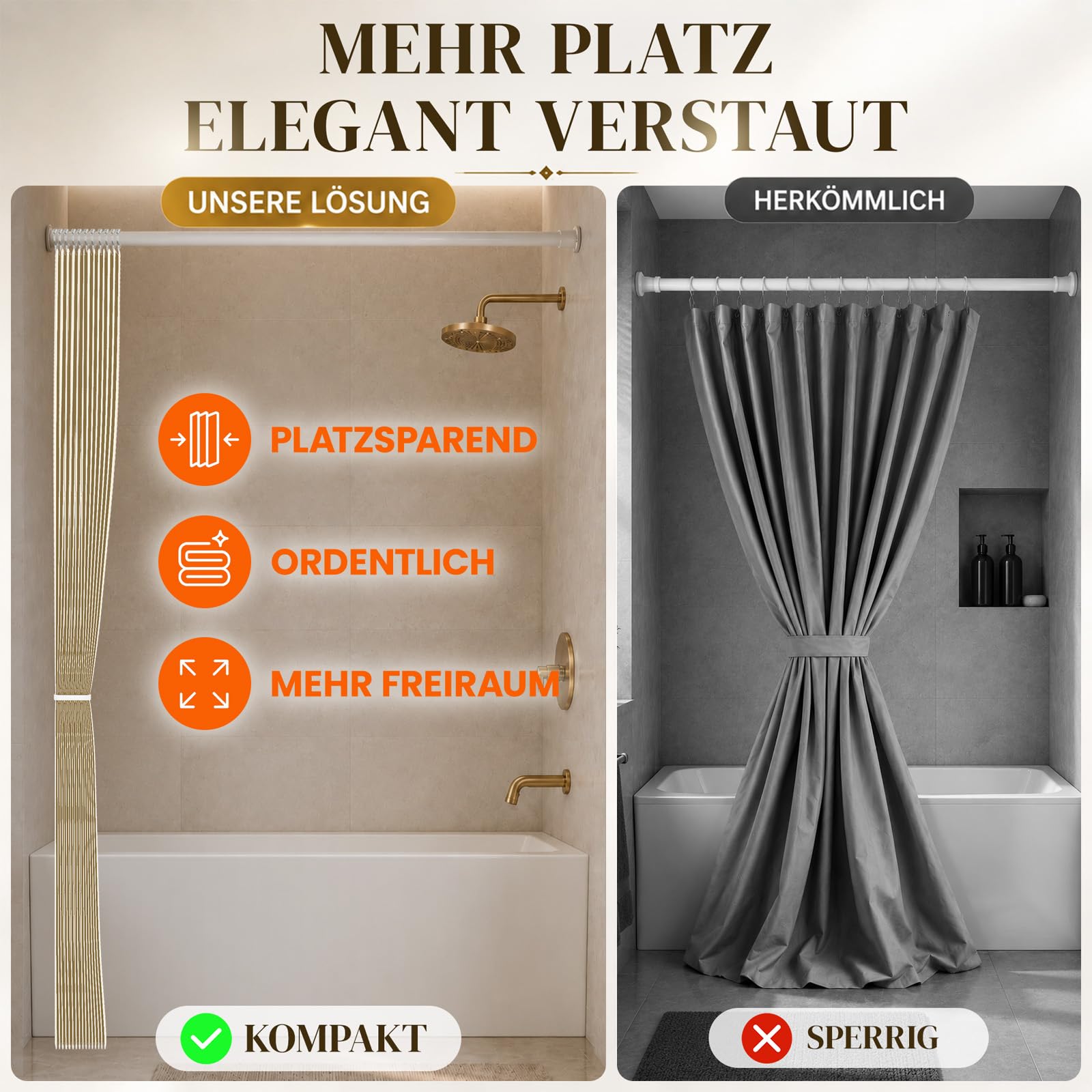 Jilron Faltbares Duschrollo für Badezimmer – Platzsparender Duschvorhang mit wasserdichter Beschichtung, ideal für Zuhause, Fitnessstudio und Wohnmobil(Beige-H183 x B196 cm) 1er-Pack