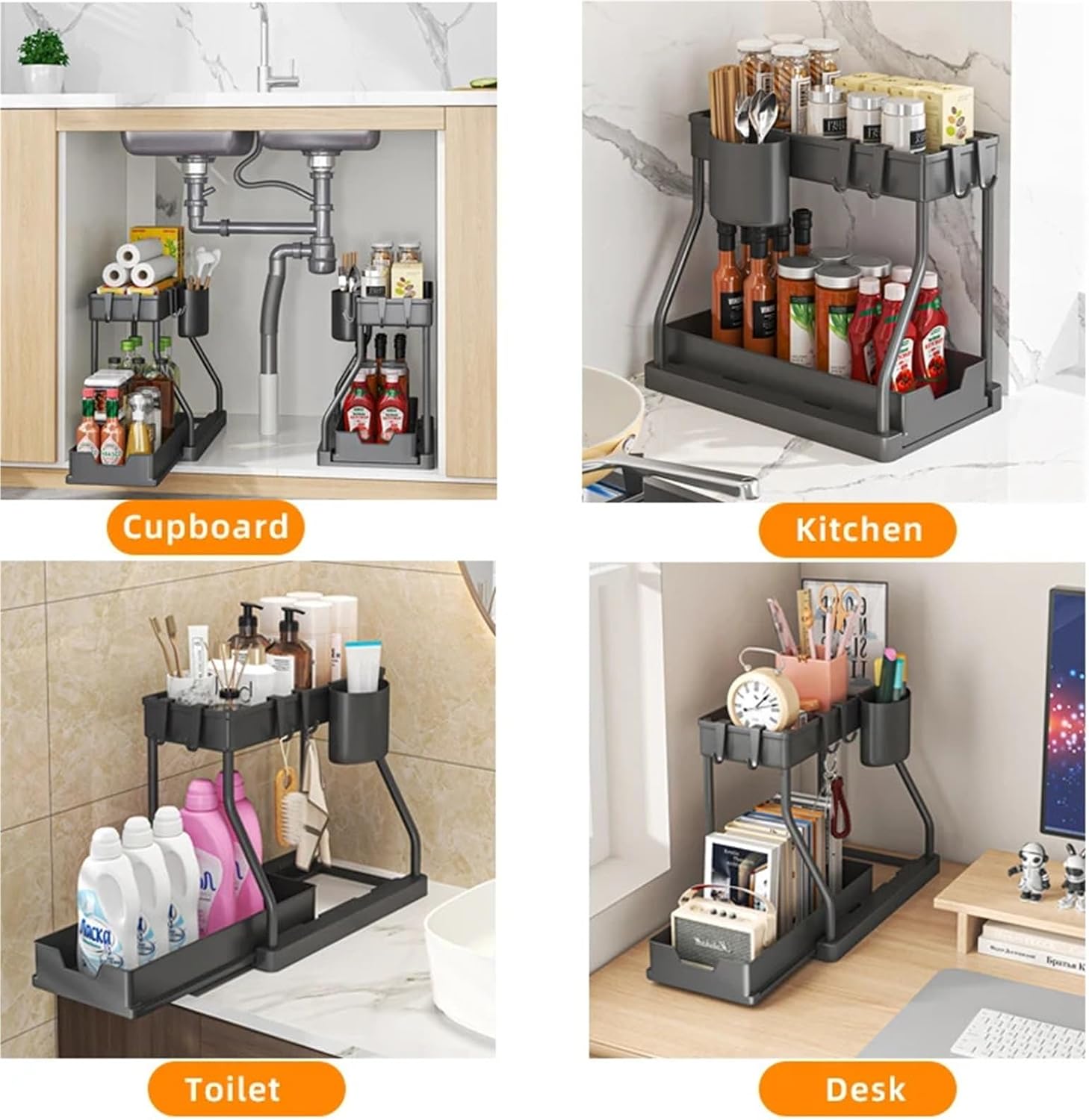 2-Tier Pull-Out Under Sink Organizer, Double Sliding Storage Box Shelf For Kitchen And Bathroom Space Saving(A-black)