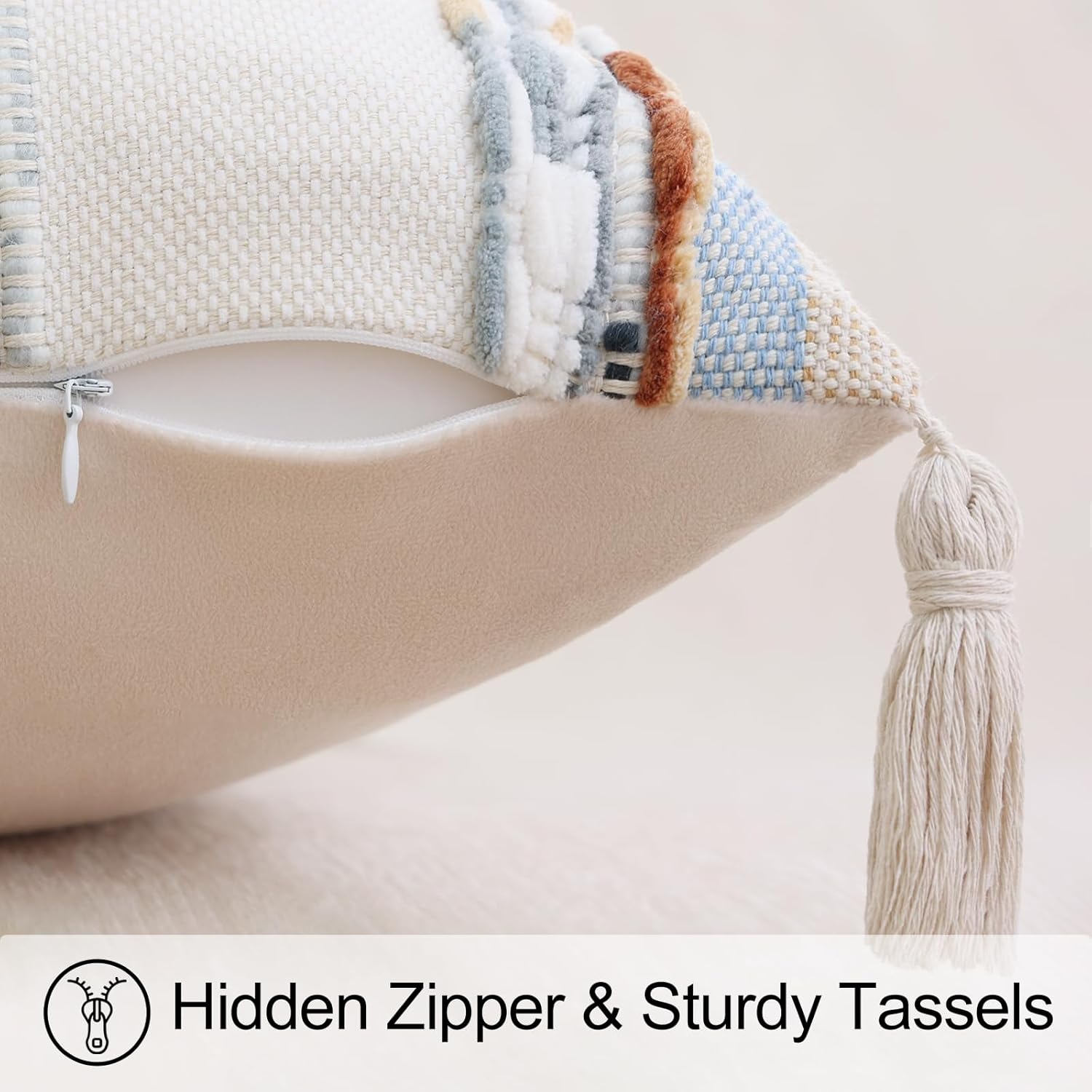 decorUhome Boho Decorative Throw Pillow Covers 18x18 Set of 2, Striped Chenille Tufted Pillow Covers with Tassels for Couch Bed Sofa, Cream White and Light Blue - Image 3